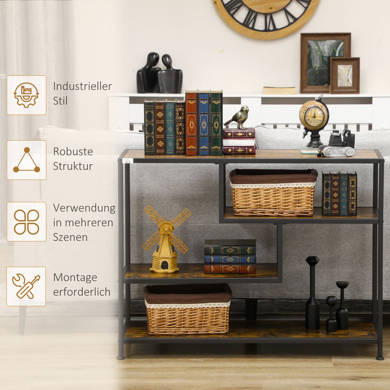 HOMCOM Konsolentisch, Flurtisch mit 4 Ebenen, Beistelltisch, Standregal für Flur