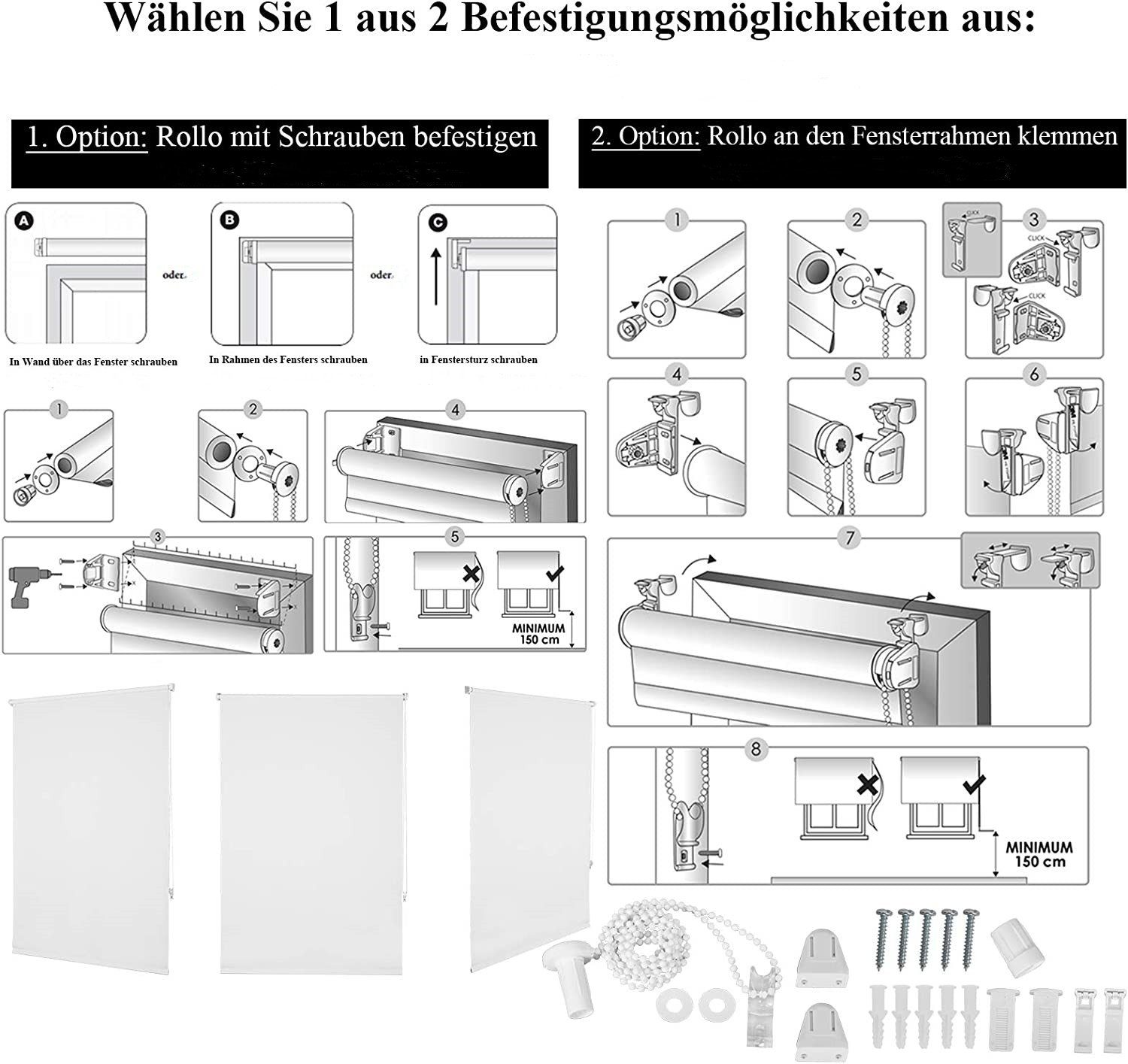 Verdunklungsrollo, EUGAD, Klemmträgersystem, Klemmfix, Sonnen-, Sicht-Schutz für Fenster/Türen