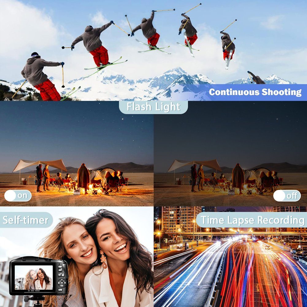 A Ade Digitalkamera 4K, 48MP Fotokamera mit Makro-Objektiv Kompaktkamera (48 MP, inkl. 16X Zoomfaktor digital, Zeitraffer-Aufnahme, Loop-Aufnahme, Intervall-Foto, Slow-Motion-Aufnahme)