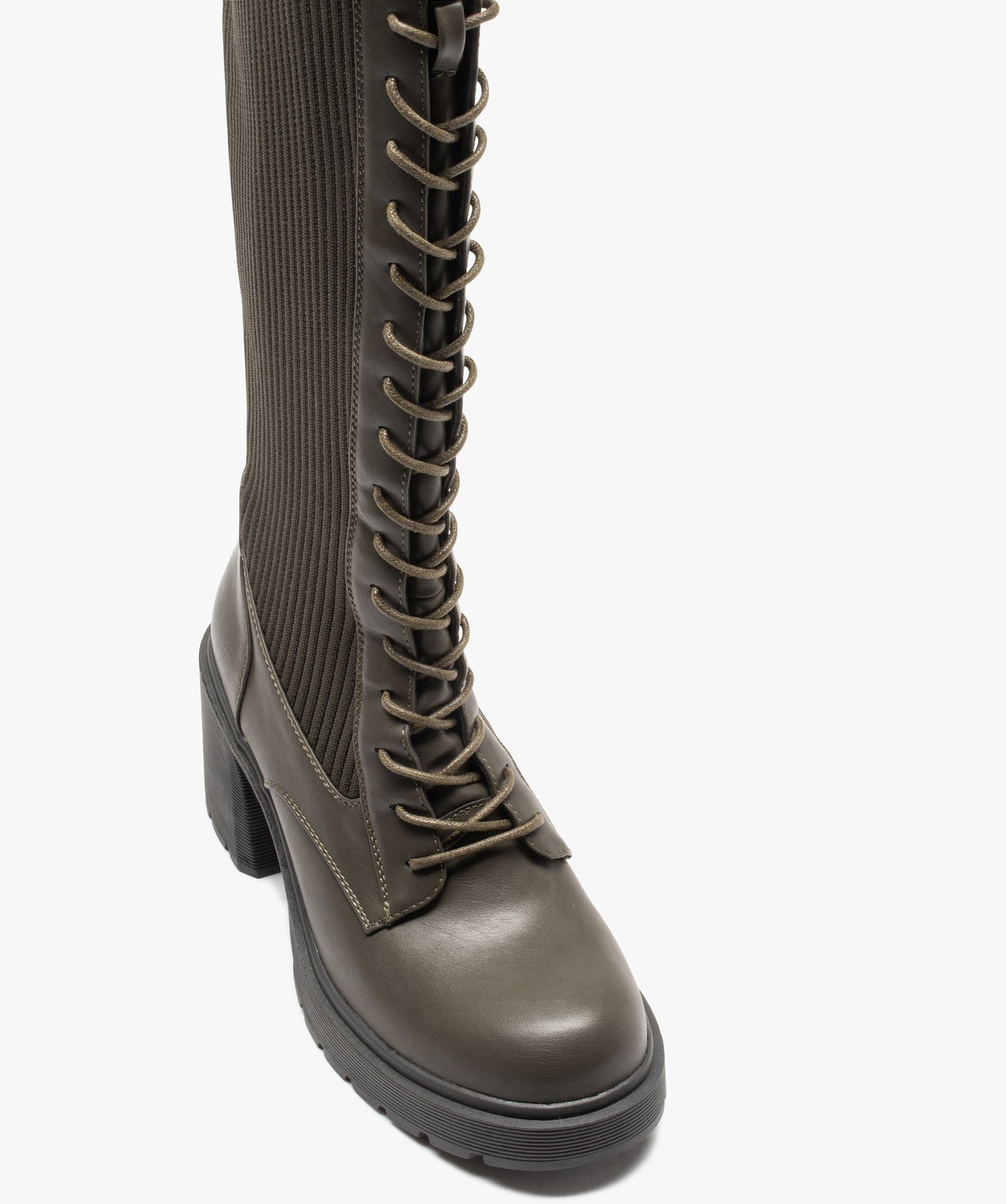 Bottes femme unies à lacets et tige en maille vert | GEMO