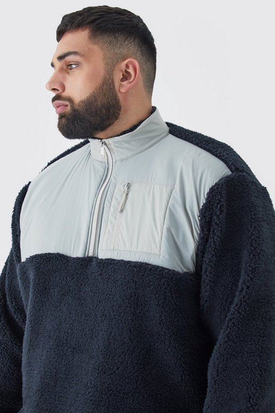 Plus kastiges Oversize Nylon Borg-Sweatshirt mit 1/4 Reißverschluss
