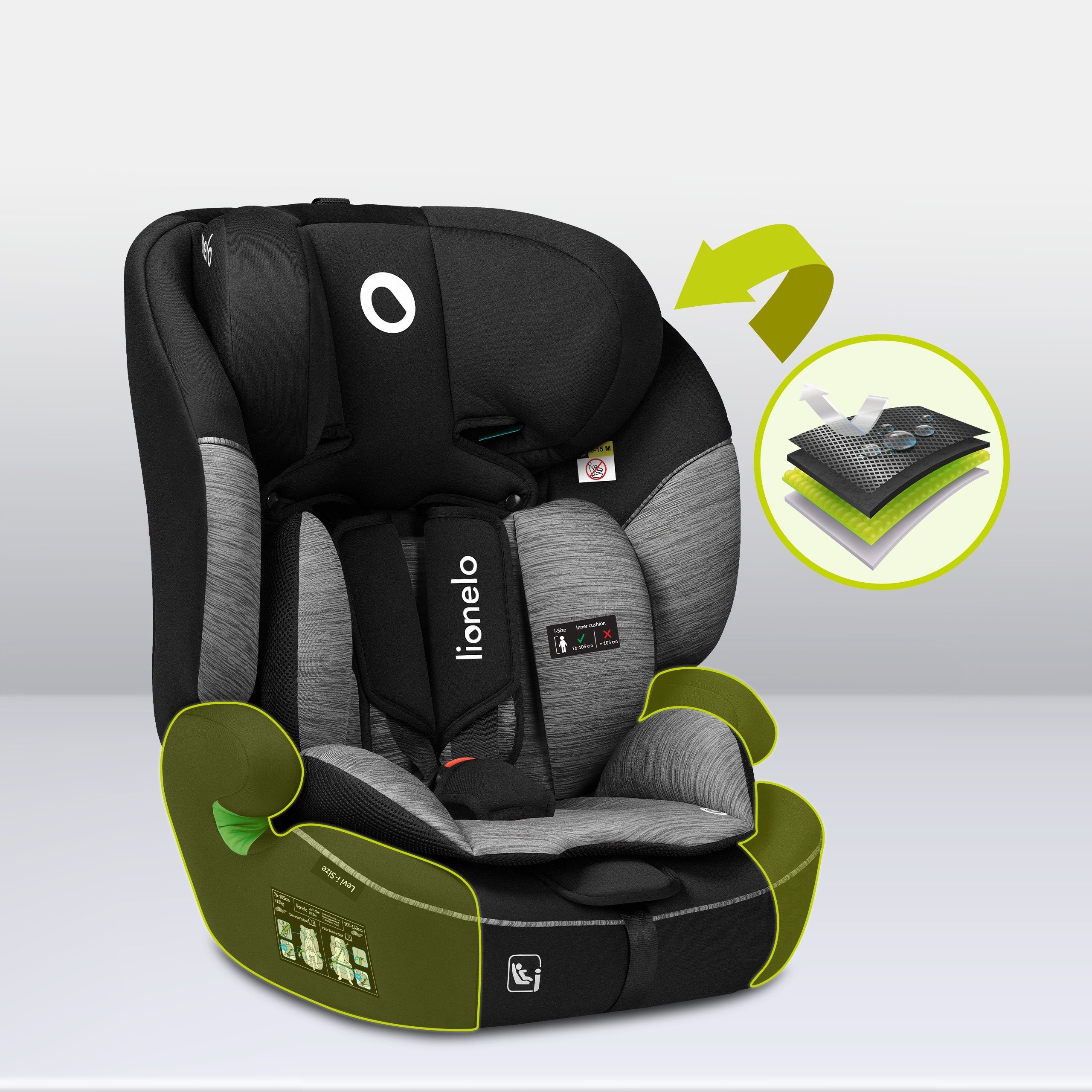 lionelo Autokindersitz LEVI I-SIZE, ab: 15 Monaten, bis: 12 Jahre, bis: 18,00 kg, (Set), i-Size / Universell passend, passt in alle Autos