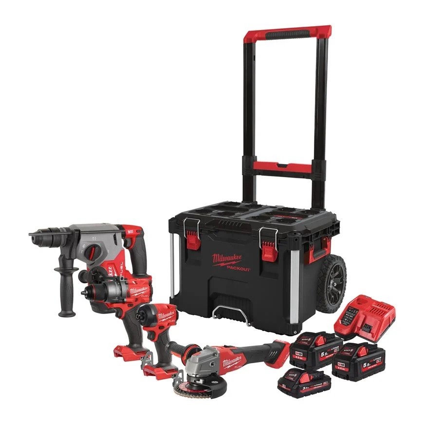 Milwaukee 4933492530 M18 FPP4E-555T Powerpack - 4 Maschinen 18V 1x3,0Ah/2x5,5Ah Li-Ion im Packout Trolley 4933492530