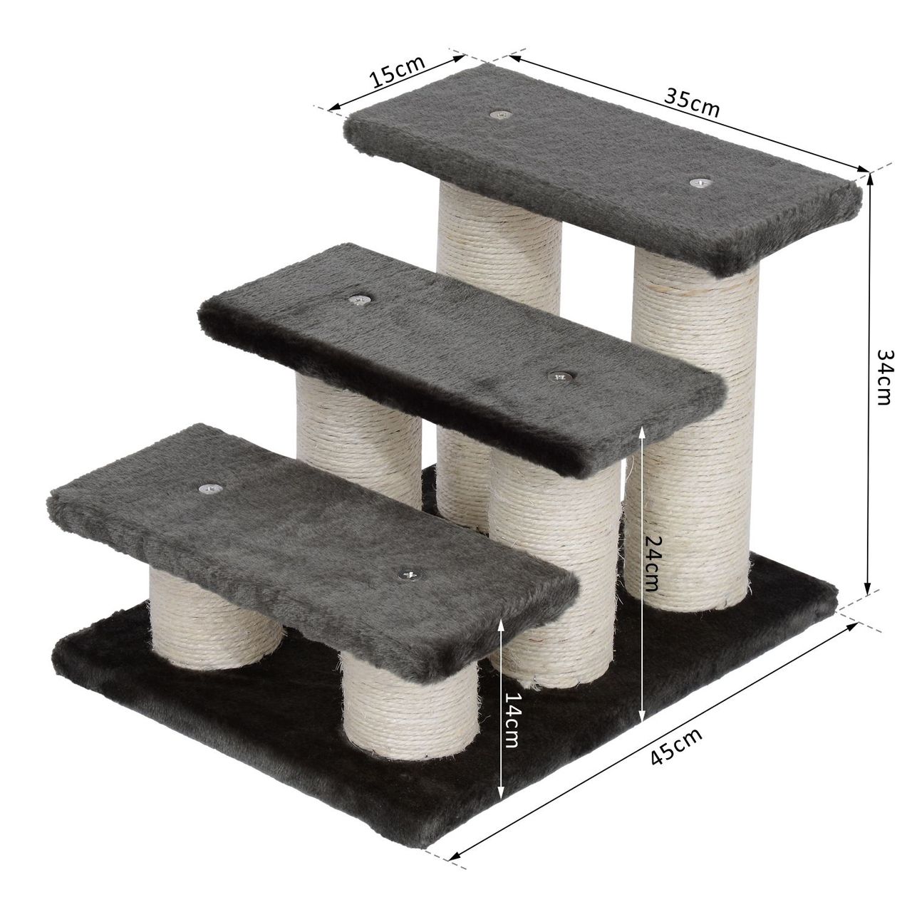 PawHut Tiertreppe Katzentreppe 3 Stufen Hundetreppe Treppe für Katze und Hunde Plüsch Dunkelgrau 45 x 35 x 34 cm