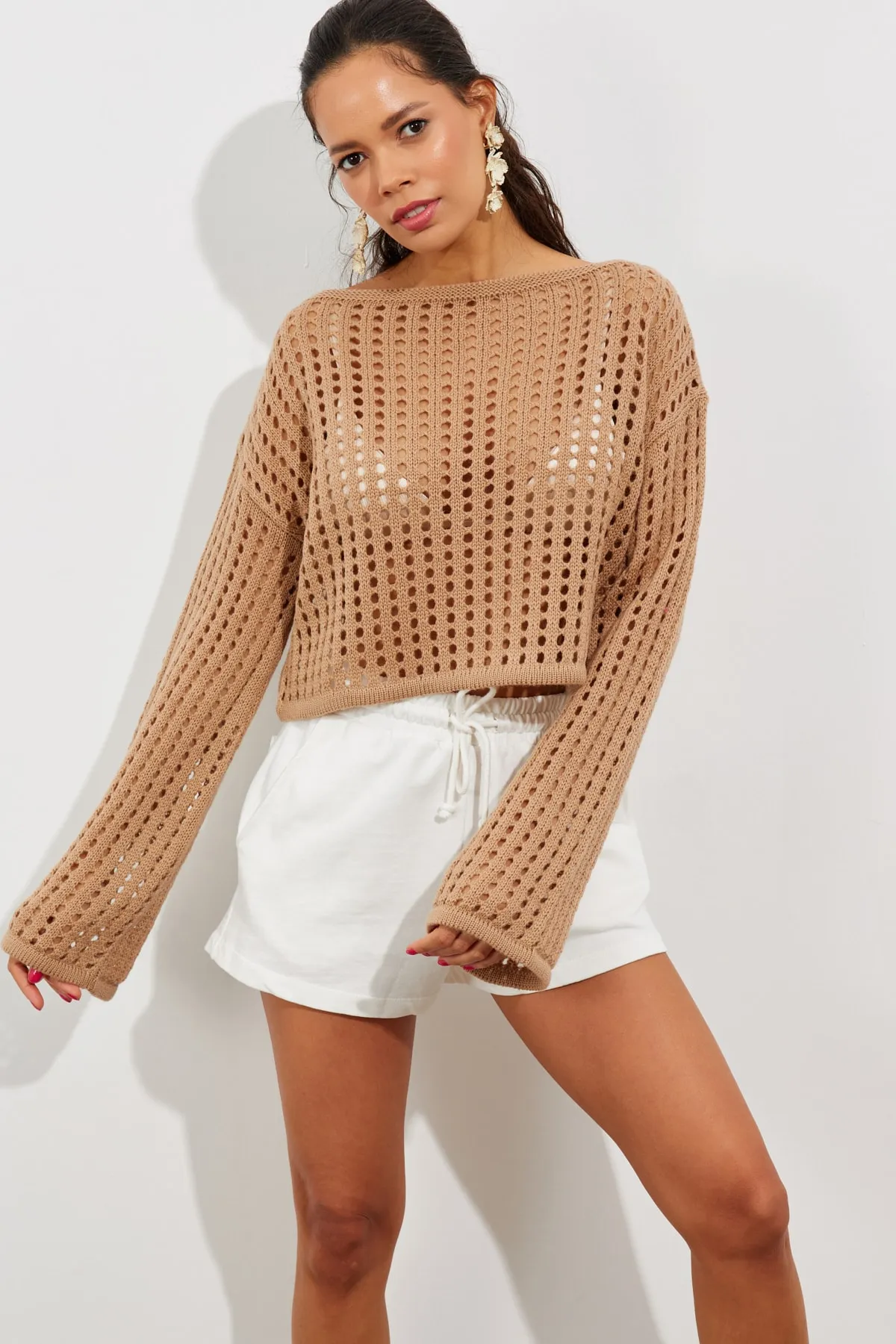 Cool & Sexy  Damen-Kurzbluse aus durchbrochenem Strick mit spanischen Ärmeln in Kamelblau, SMT181
