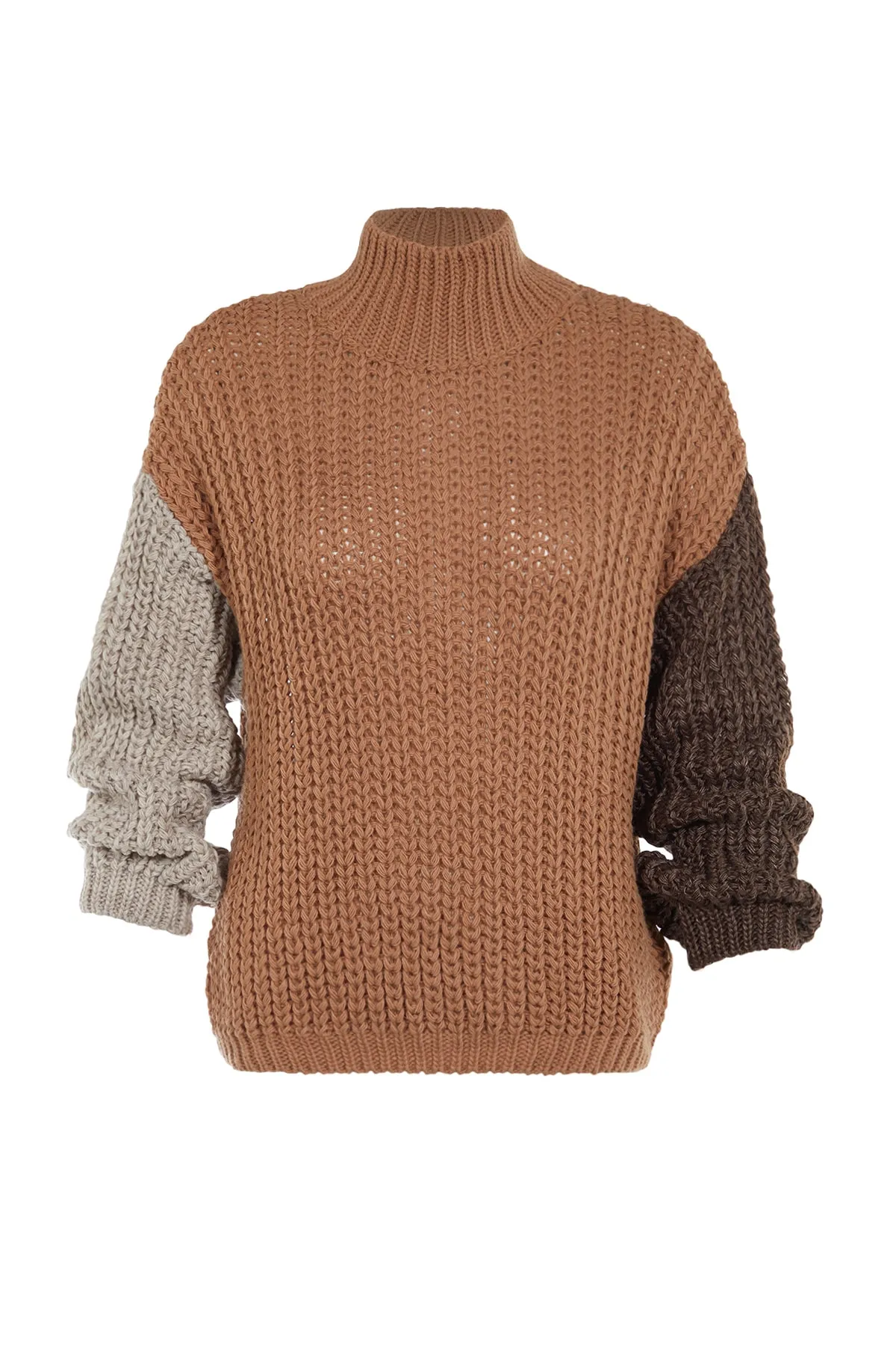 Trendyol Collection  Kamelfarbener, weich strukturierter Strickpullover mit Farbblockdesign und weiter Passform TWOAW21KZ0271