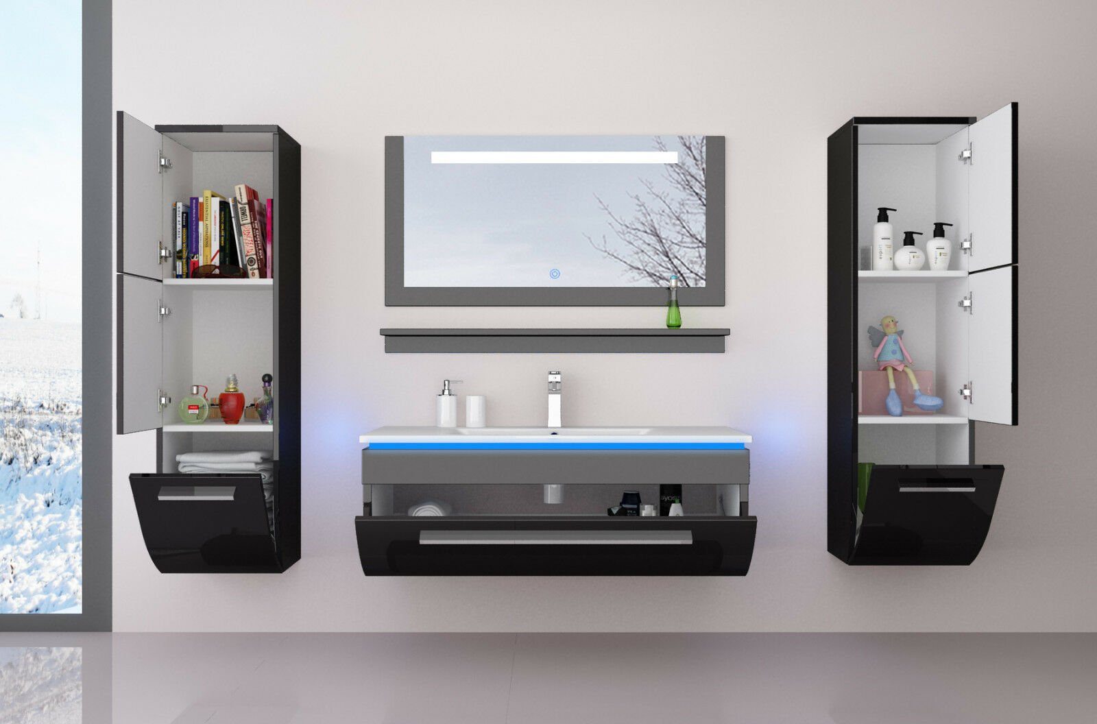 Homeline Badmöbel-Set Danny, (Badmöbel Set Ganz in Hochglanz Schwarz Badezimmermöbel Badmöbel Komplett Bad 70 cm Vormontiert 6 teilig., 6-St., 6-Teilig), Hochglanz Lackiert - Led Touch System-fertig Montiert