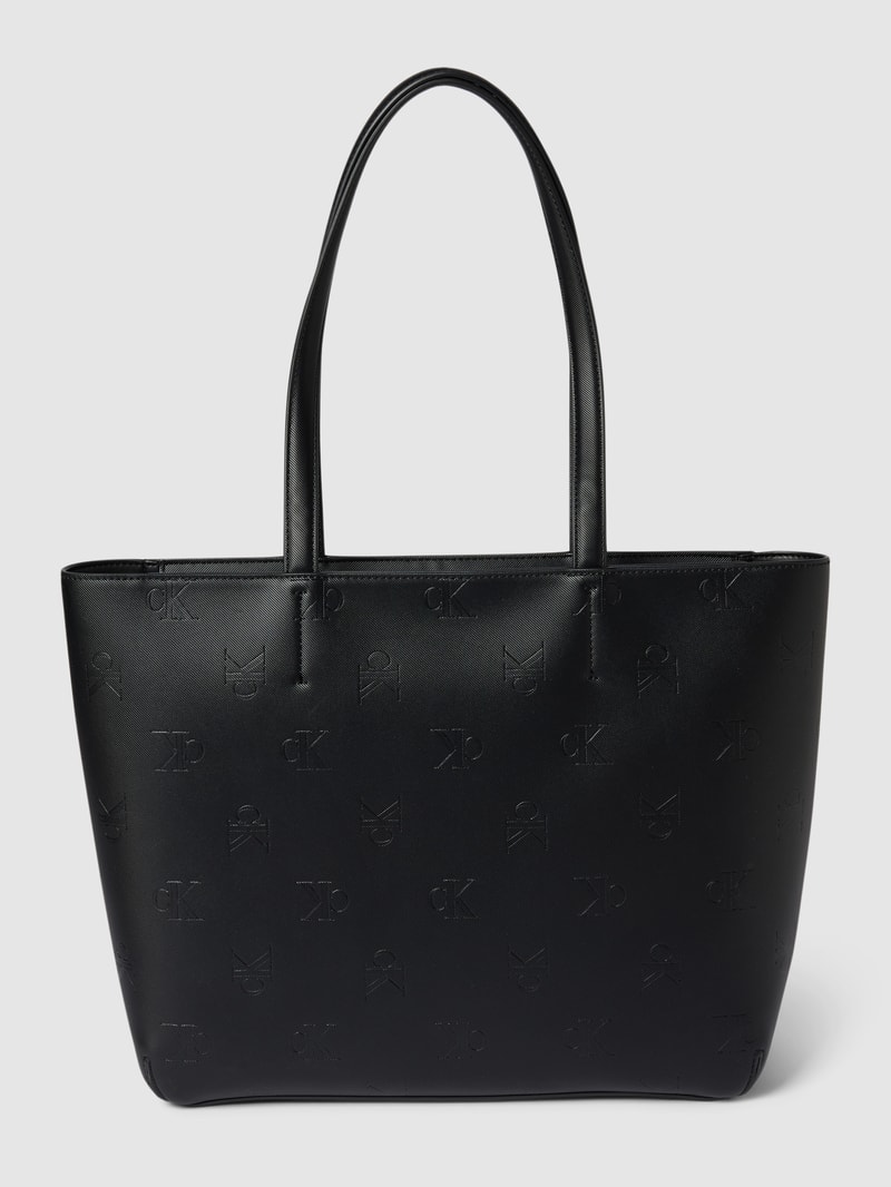 Handtasche mit Allover-Label-Prägung Modell 'SLEEK' in schwarz