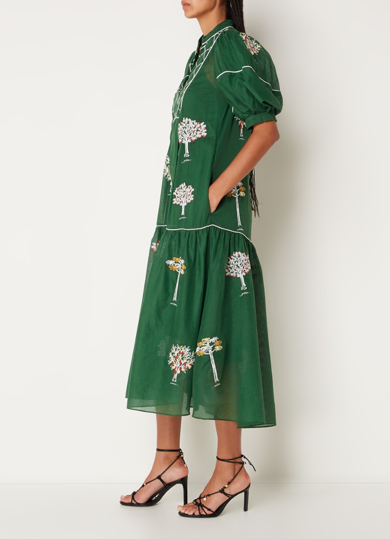 Vestido túnica midi de Farm Rio con estampado de hojas y bolsillos laterales.