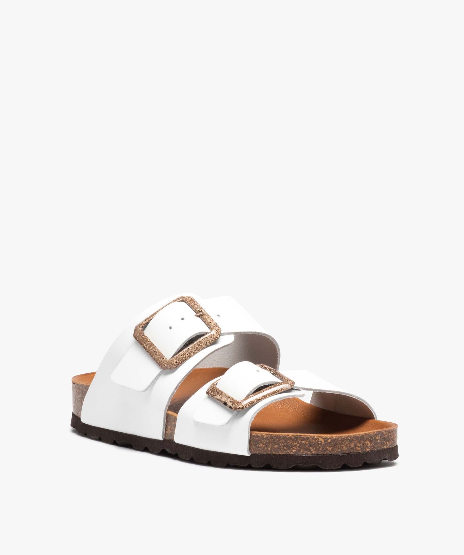 Mules femme unies à larges brides bouclées en cuir blanc | GEMO