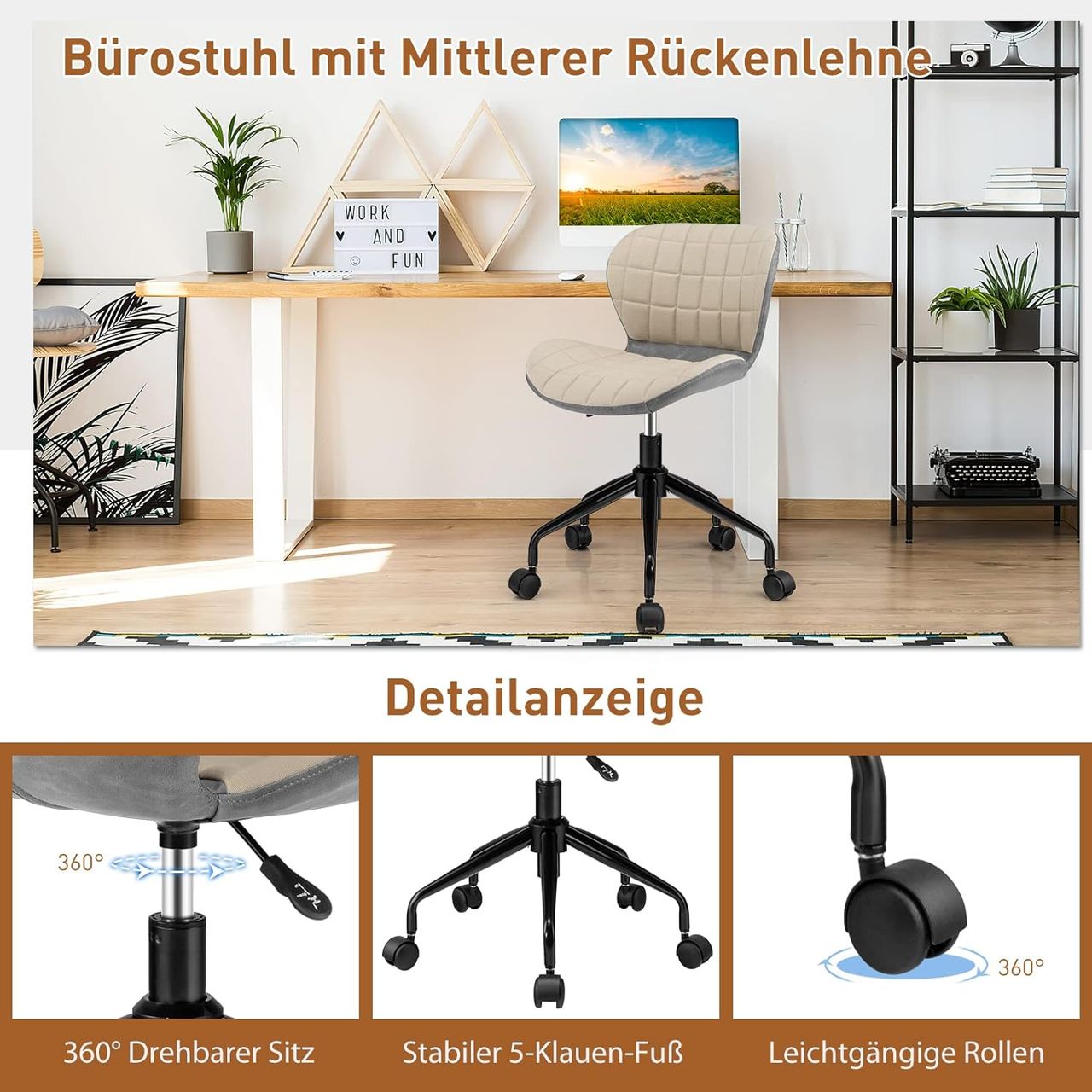 Costway Bürostuhl, Schreibtischstuhl ohne Armlehnen