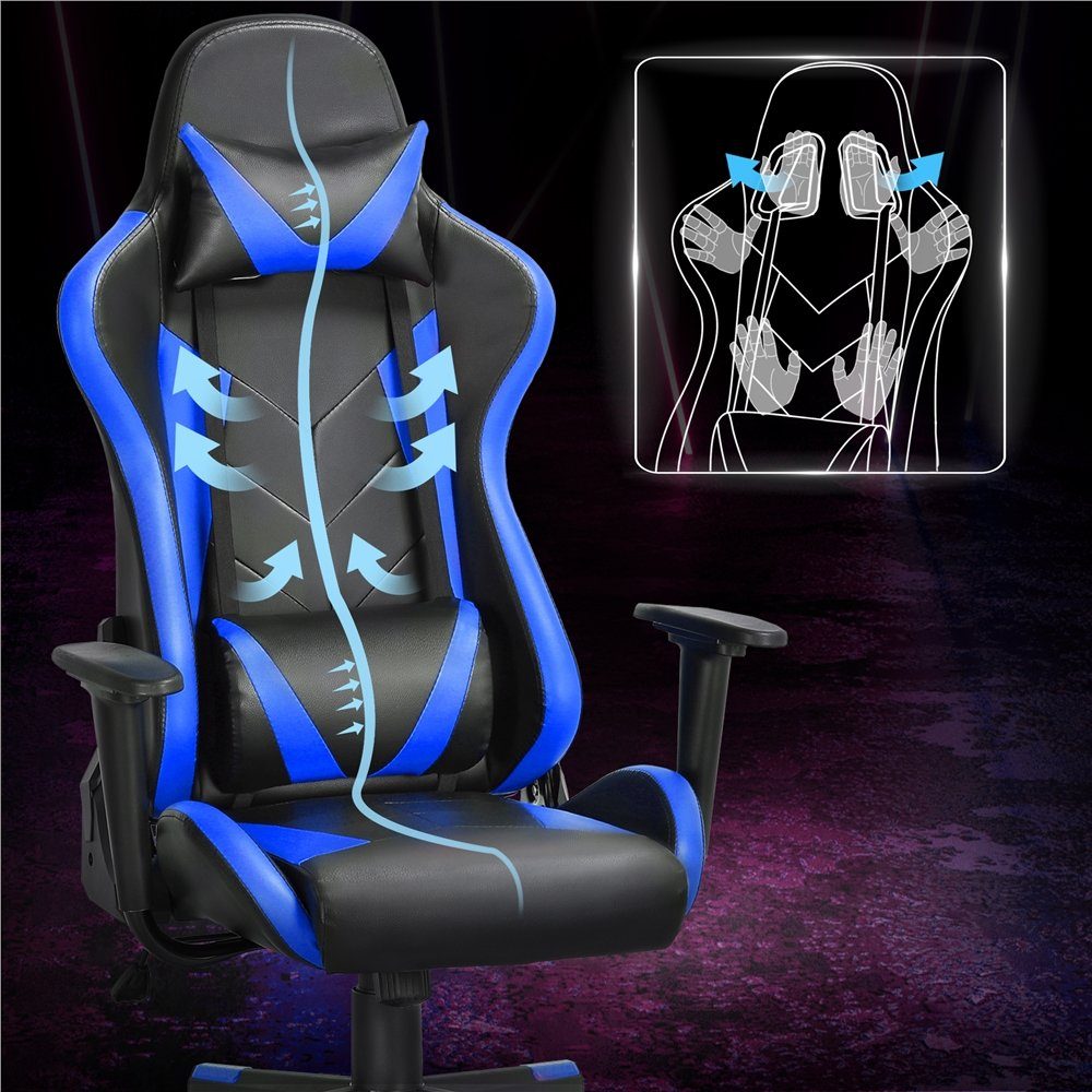 Yaheetech Gaming-Stuhl, Ergonomisches Design mit Kopfstütze und Lendenkissen