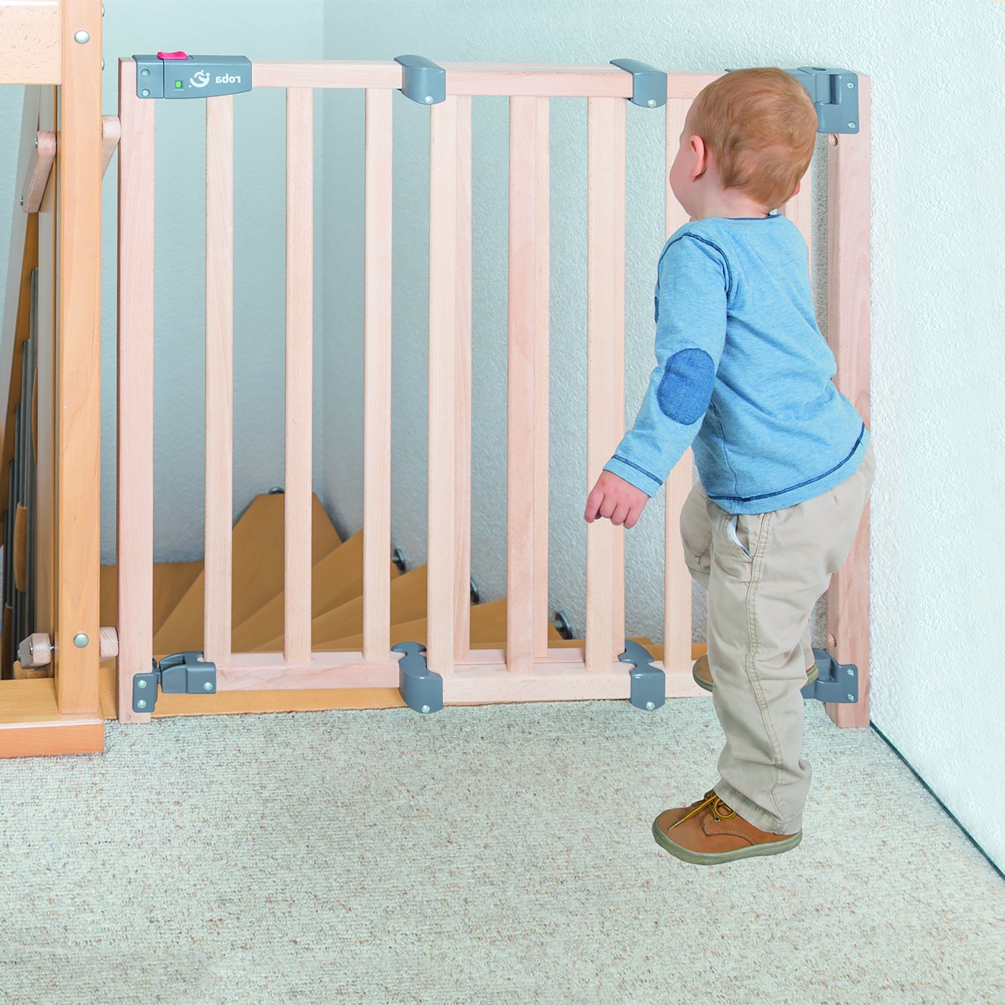 roba® Treppenschutzgitter Safety Up, Schutzgitter mit Ampelfunktion, Buche massiv