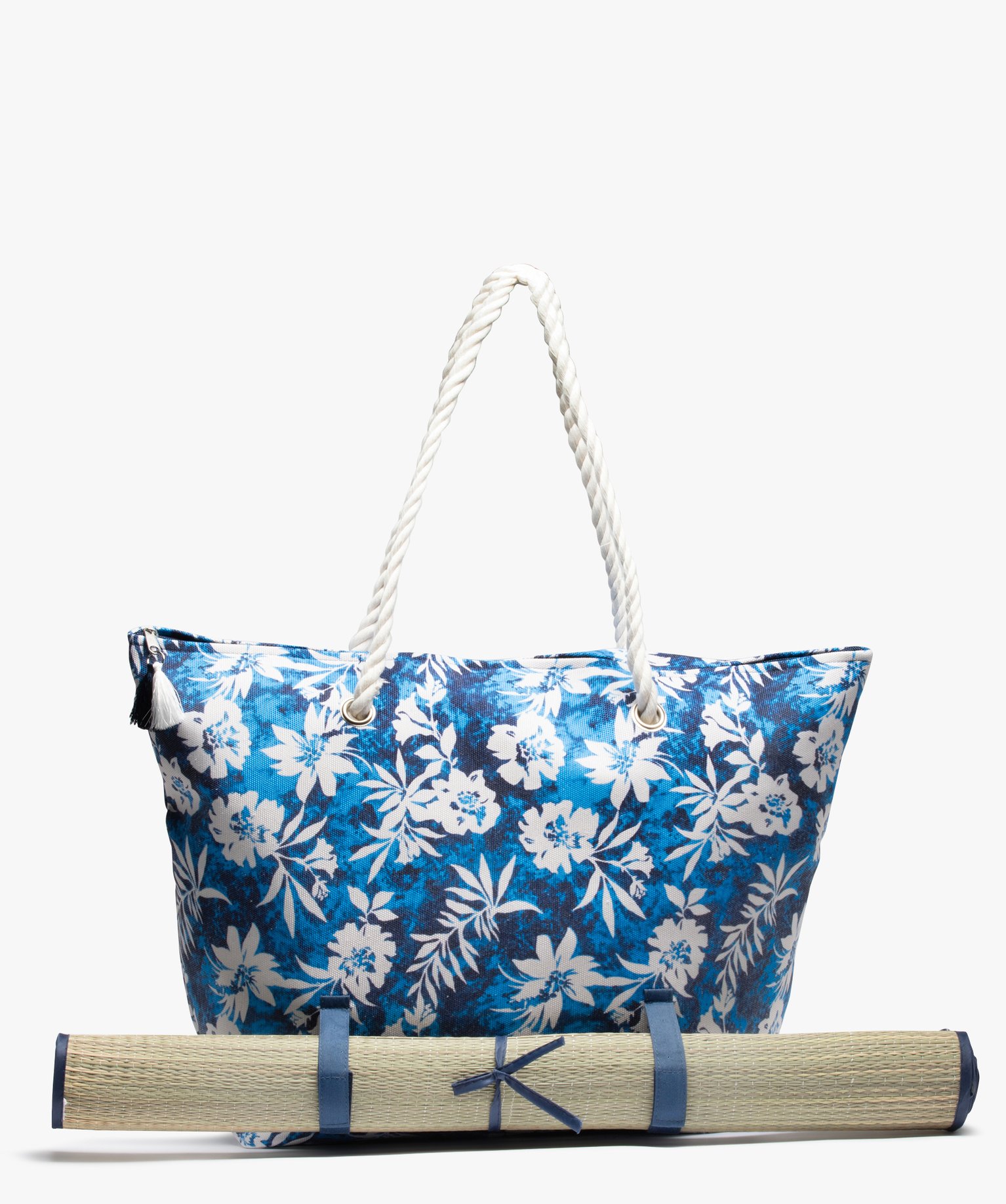 Sac de plage femme motif fleurs et tie-and-dye avec natte in... bleu | GEMO