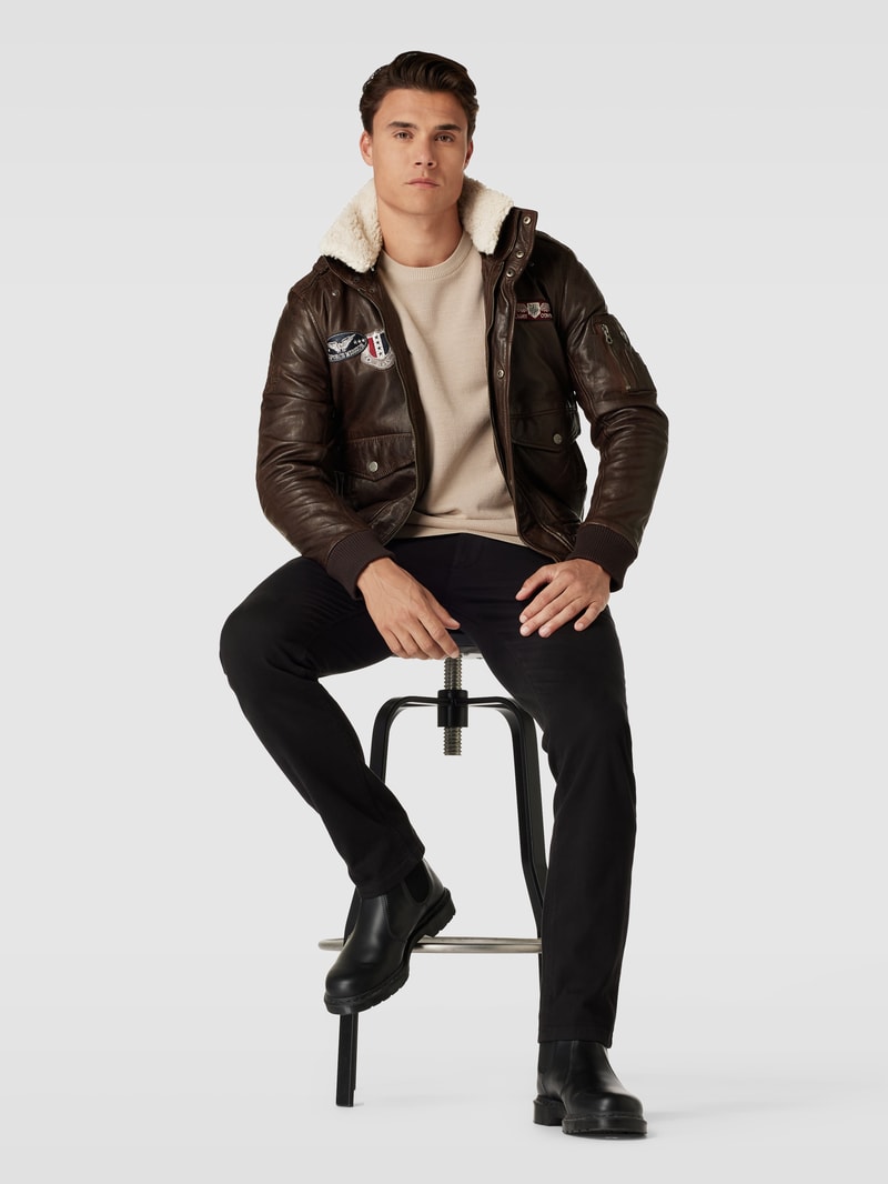 Lederjacke aus echtem Leder mit Label-Patches Modell 'CRUISE' in dunkelbraun