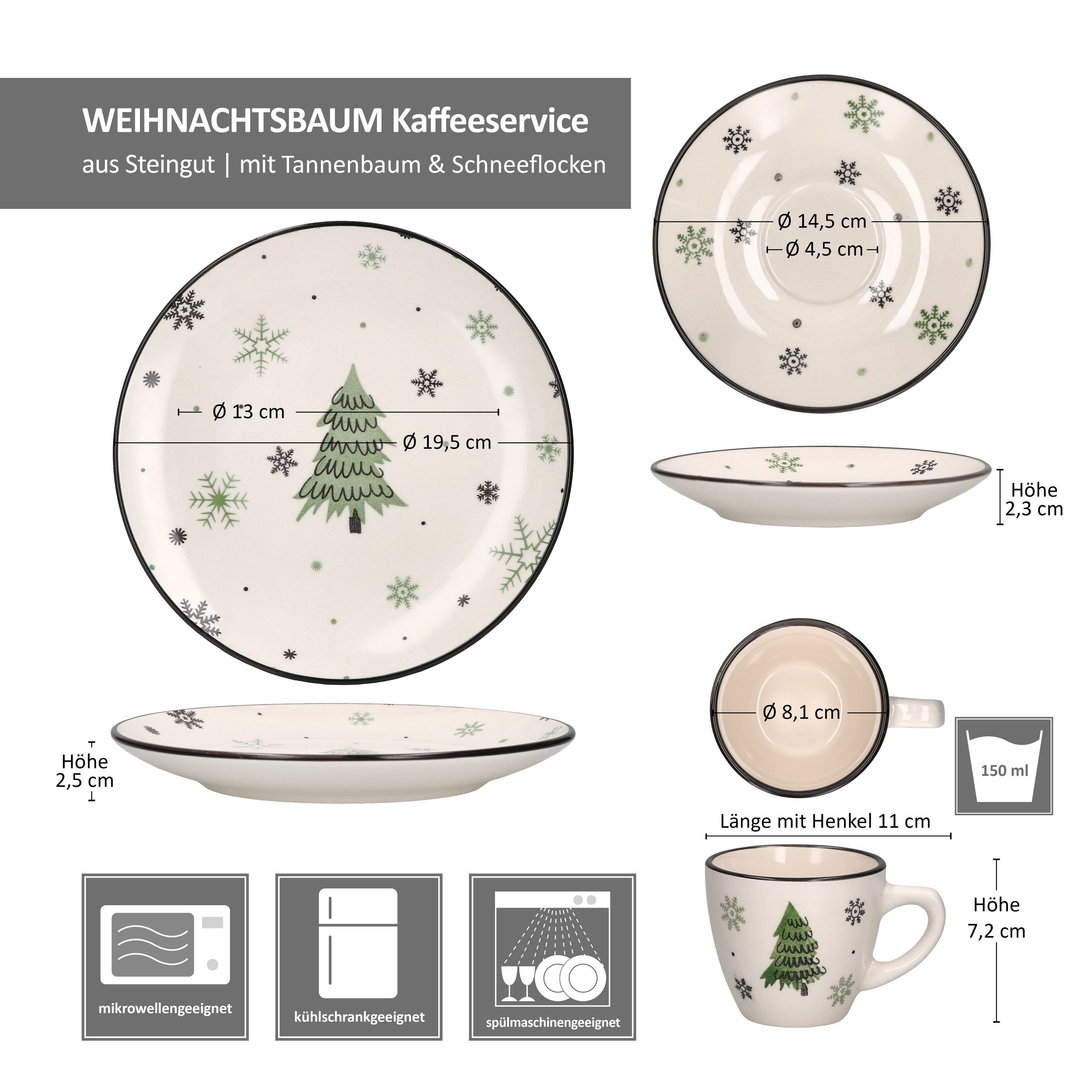 MamboCat Kaffeeservice 18tlg Kaffeeservice Weihnachtsbaum Steingut 6 Personen, Steingut