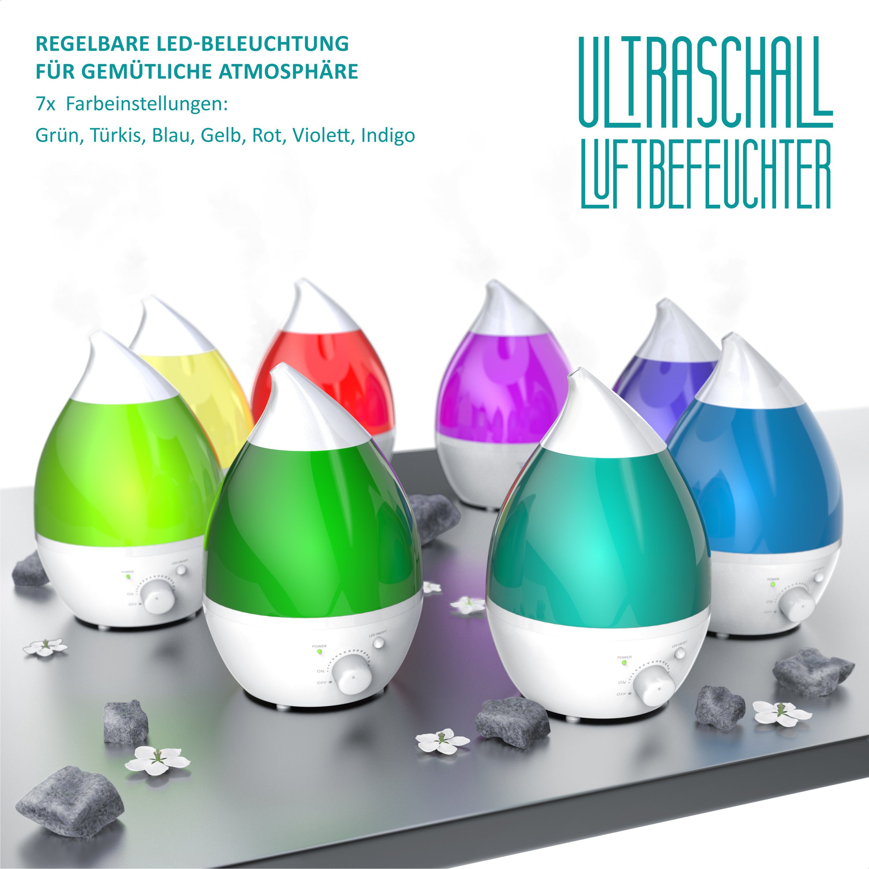 Arendo Luftbefeuchter, 1,3 l Wassertank, Raumbefeuchter mit Ultraschall & LED-Farbwechsel inkl. Wasserfilter