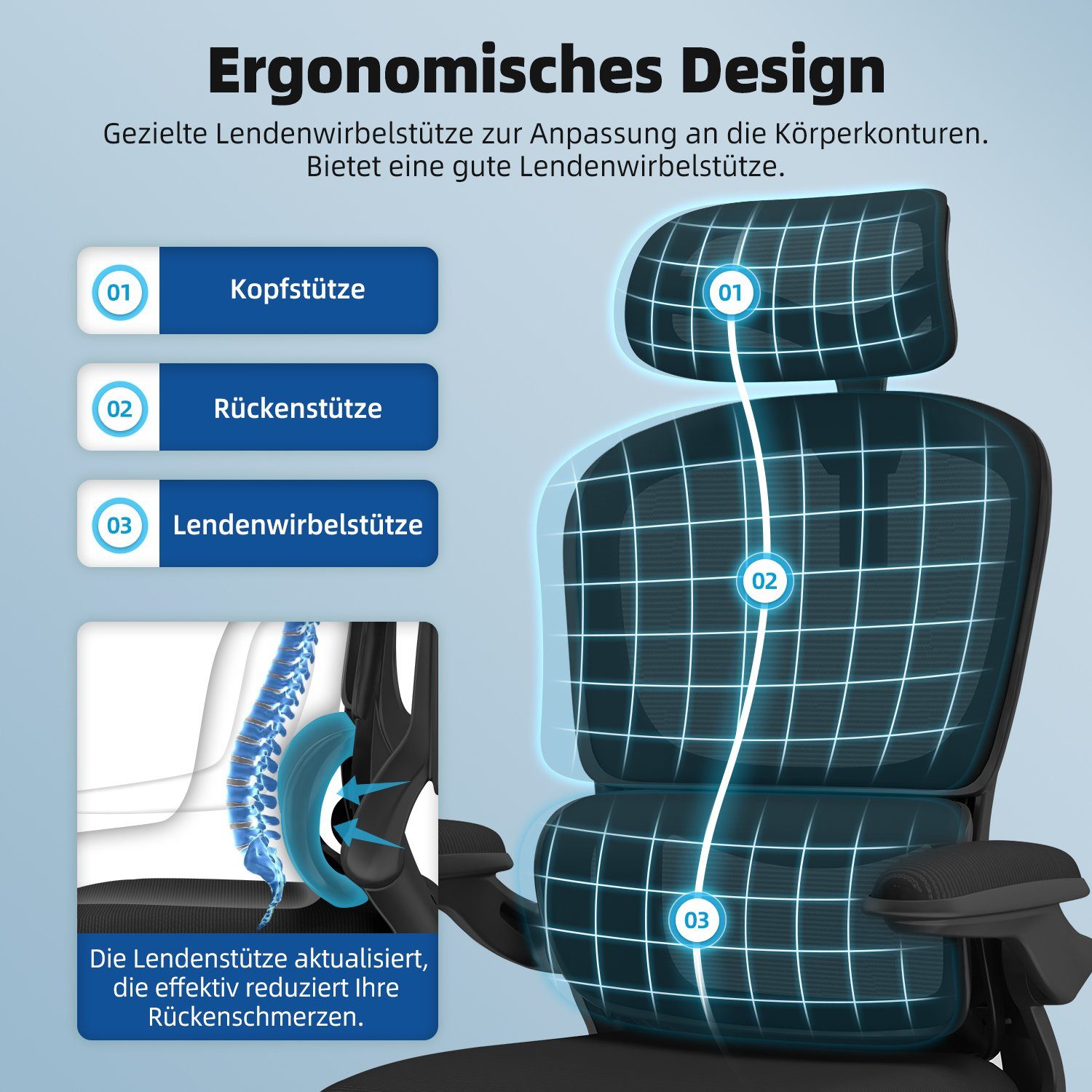Authmic Chefsessel Bürostuhl, Drehstuhl, Schreibtischstuhl, Chefsessel (Bürostuhl ergonomisch mit verstellbarer Kopfstutze, Armlehnen, Atmungsaktiver Netzstuhl), Wippfunktion von 90° bis 135°, Bürostuhl 150kg