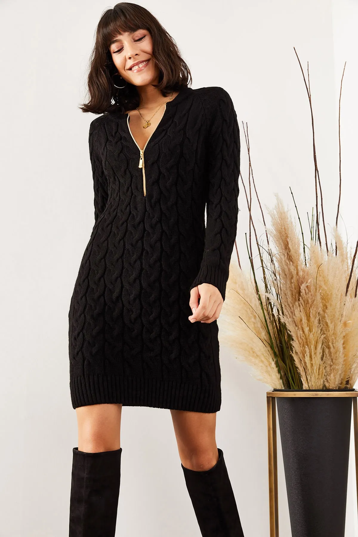 Olalook  Schwarzes geflochtenes Strickkleid mit Reißverschluss für Damen ELB-19001362