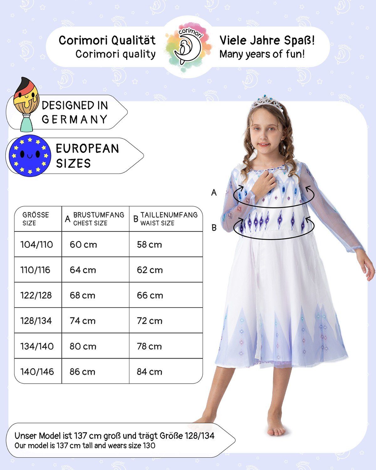 Corimori Prinzessin-Kostüm Prinzessinnen-Kostüm Set für Elsa Fans, Kinder, Mit Eiskönigin Diadem, Tattoo-Bogen für Mädchen, Karneval, Fasching