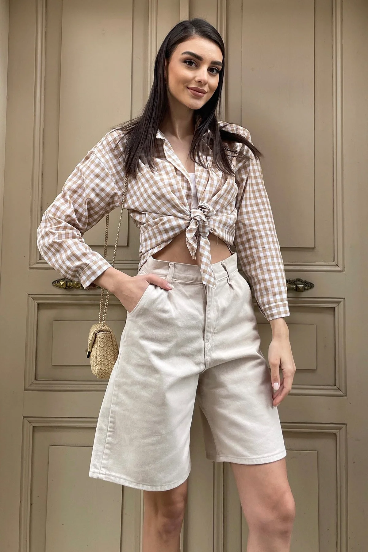 Trend Alaçatı Stili  Beige Bermuda-Jeansshorts für Damen mit hoher Taille und weitem Bein ALC-X8174