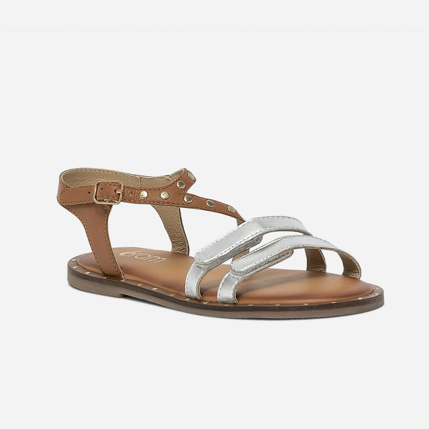 Sandale camel et argent en cuir clouté
