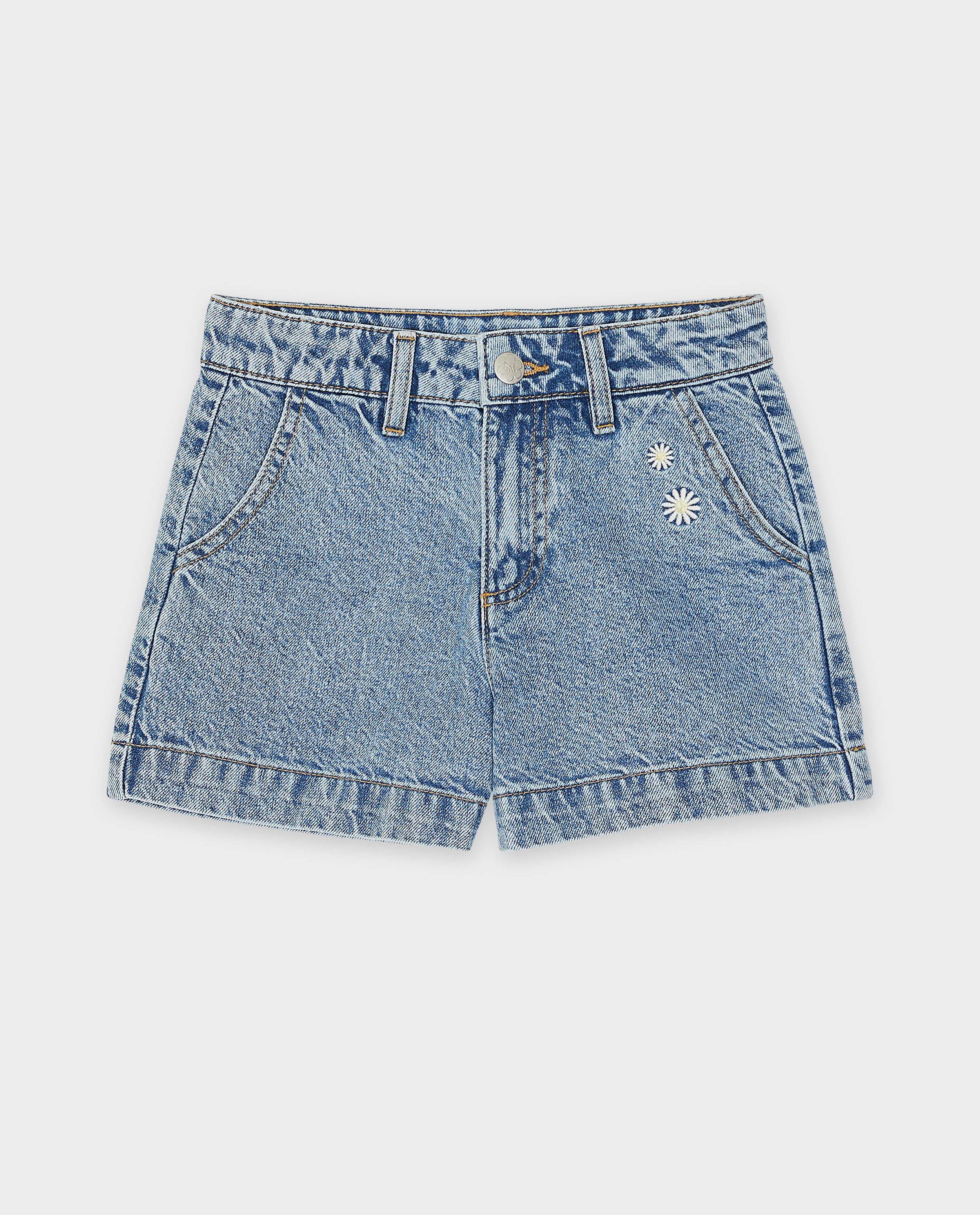 Pantaloni scurți Steffi Mercie din denim cu flori brodate albaștri