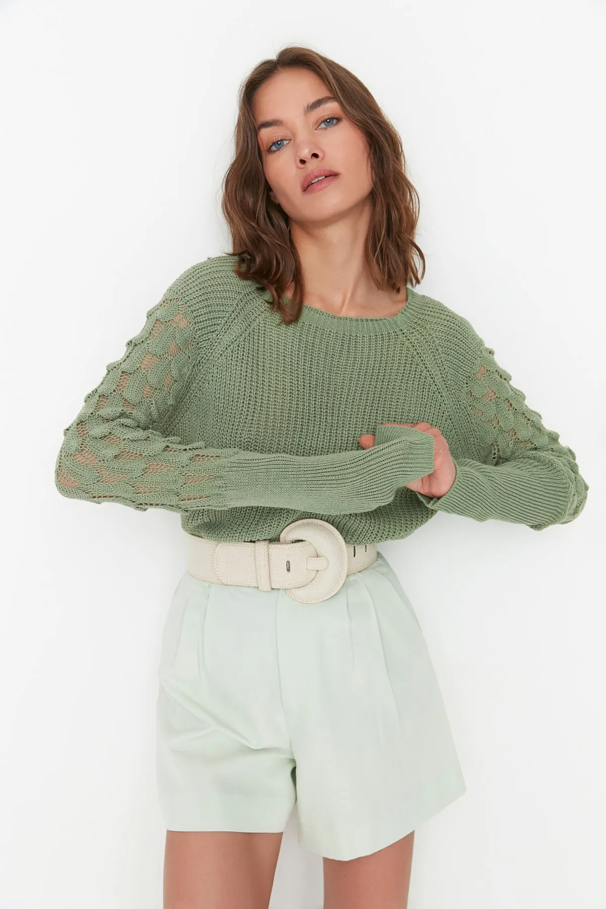 Trendyol Collection  Mintgrüner strukturierter Strickpullover mit Rundhalsausschnitt TWOAW20KZ0130