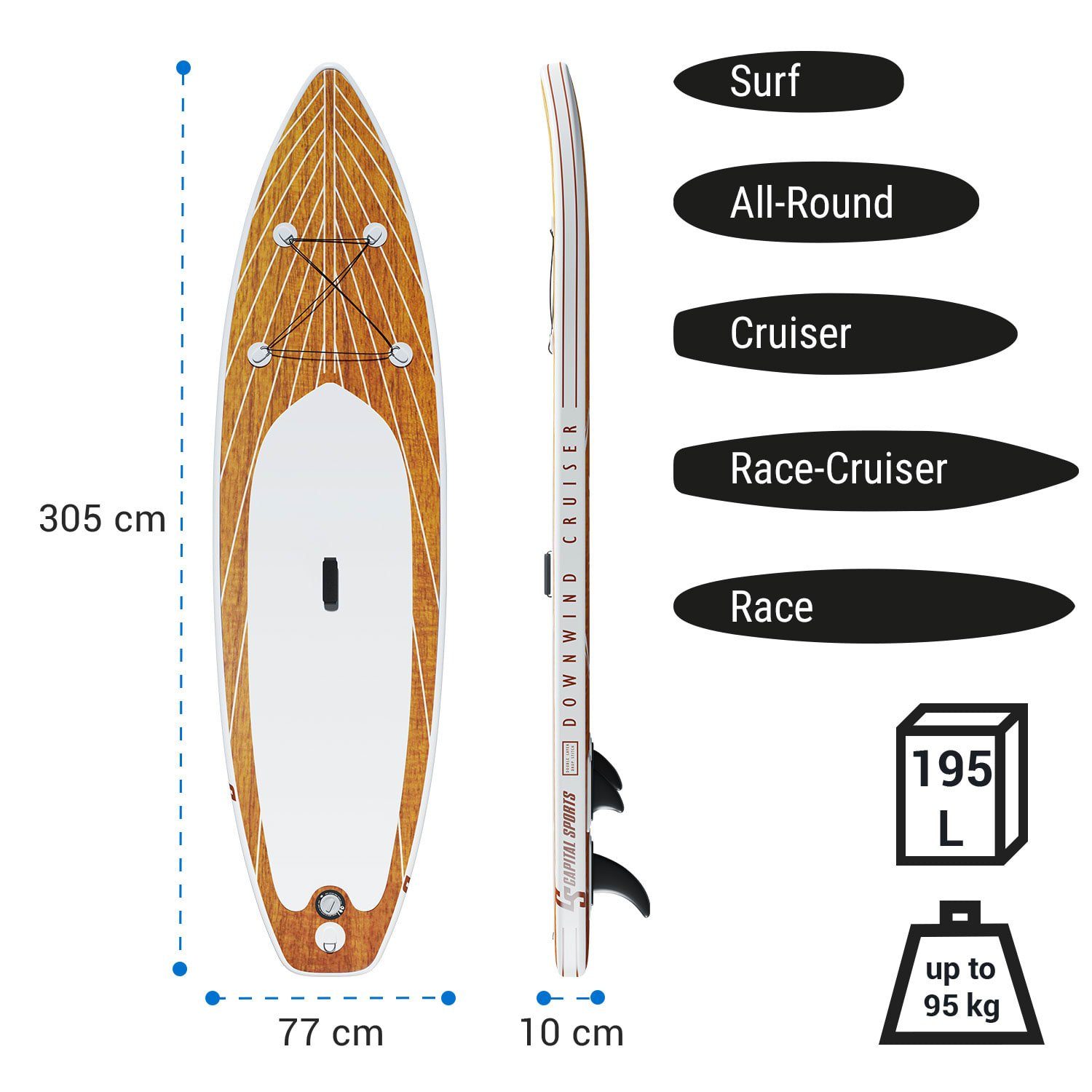 Capital Sports Inflatable SUP-Board Downwind Cruiser 9.8, Paddle Board, (Set), Stand Up Paddling Board Standup Paddle Board SUP Board Paddel Board