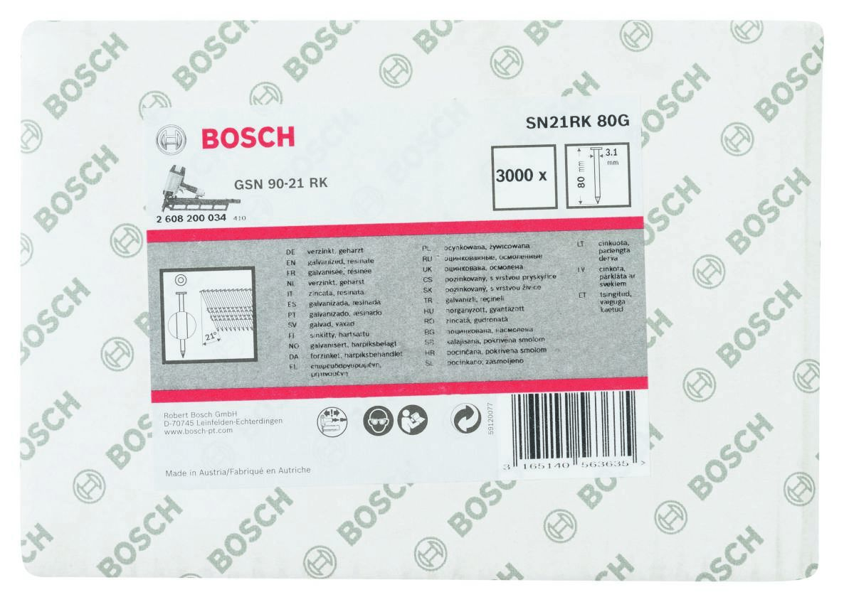 Bosch Blue Accessories 2608200034 SN21RK 80G Strip Nail 21° Galvanized Smooth 80 mm 3000 pieces