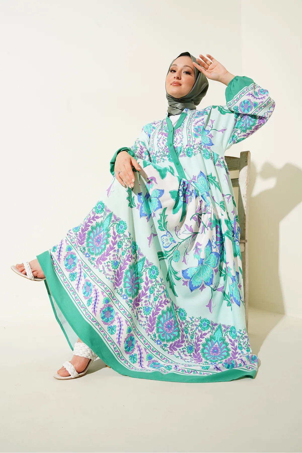 Bigdart  2423 Authentisches gemustertes Hijab-Kleid – D. Mint