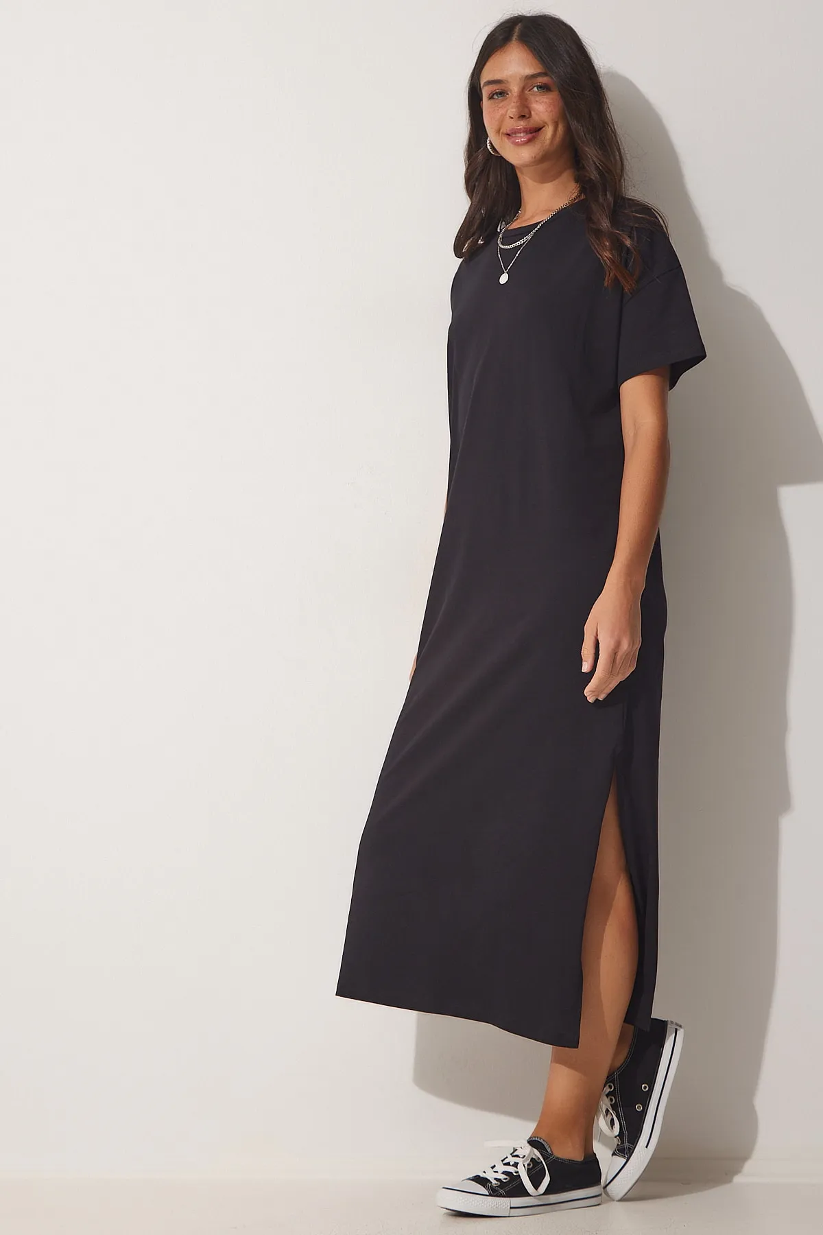 Happiness İstanbul  Damen-Sommerkleid aus gekämmter Baumwolle aus schwarzer Baumwolle UB00080