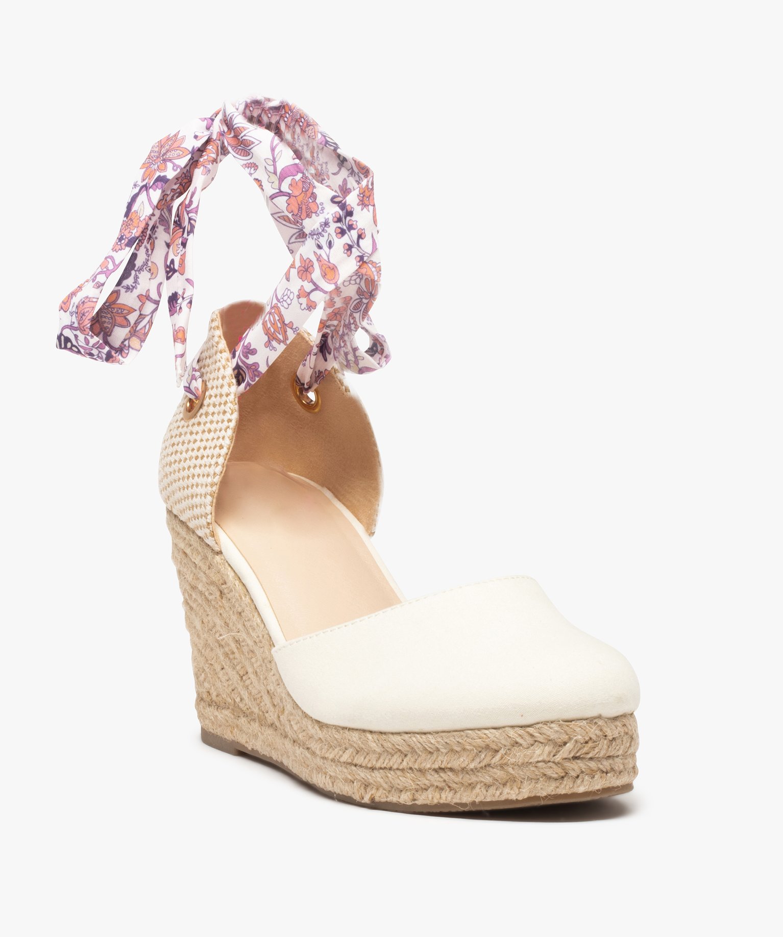 Sandales femme en toile avec semelle compensée en corde beige | GEMO