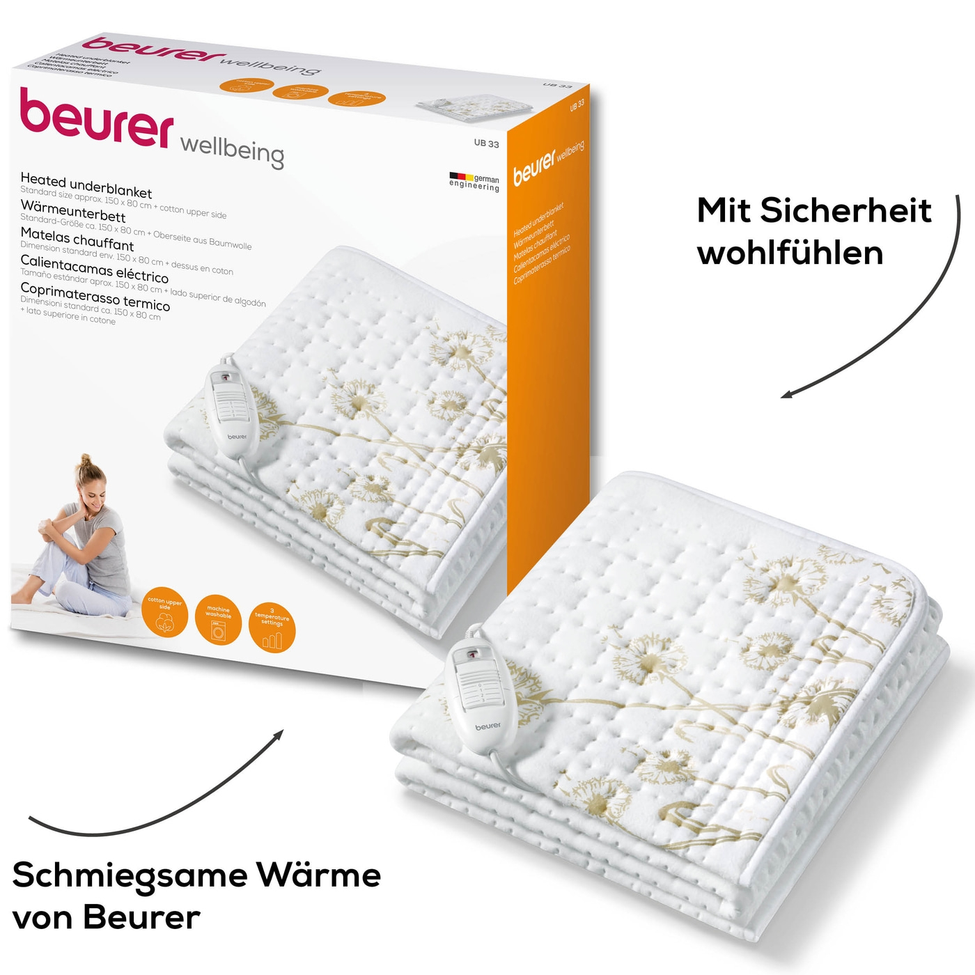 Beurer Wärmeunterbett UB 33-Atmungsaktives Wärmeunterbett mit 3 Temperaturstufen - 150 x 80 cm