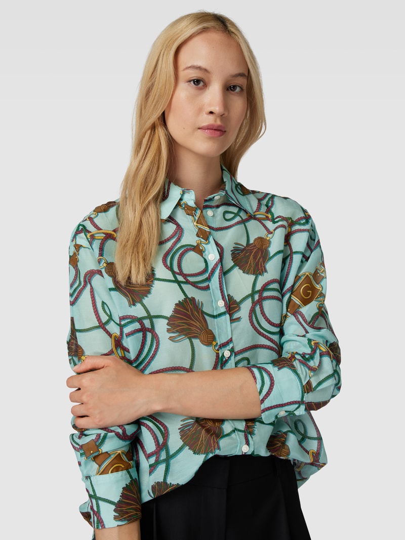 Bluse aus Baumwoll-Seide-Mix mit Allover-Muster in aqua blau