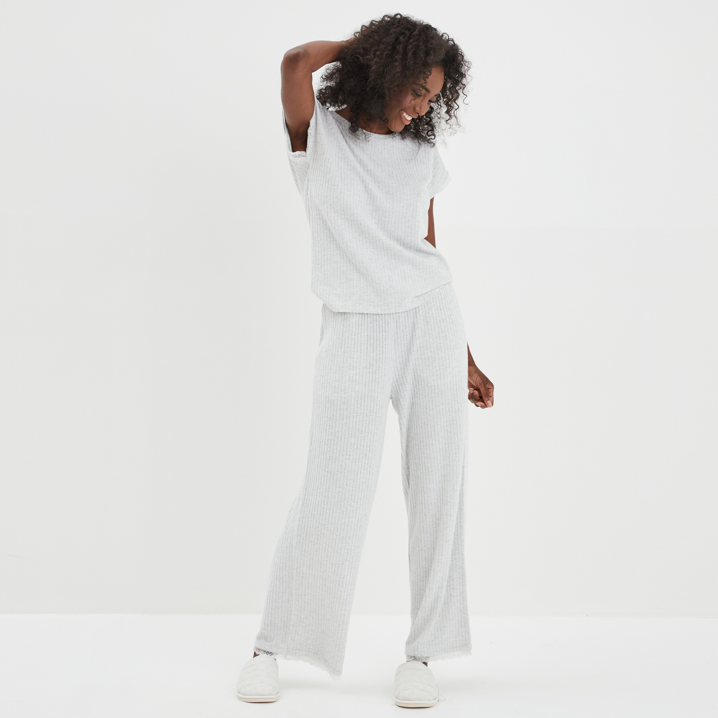 Bas de pyjama pantalon côtelé gris clair femme | La Halle