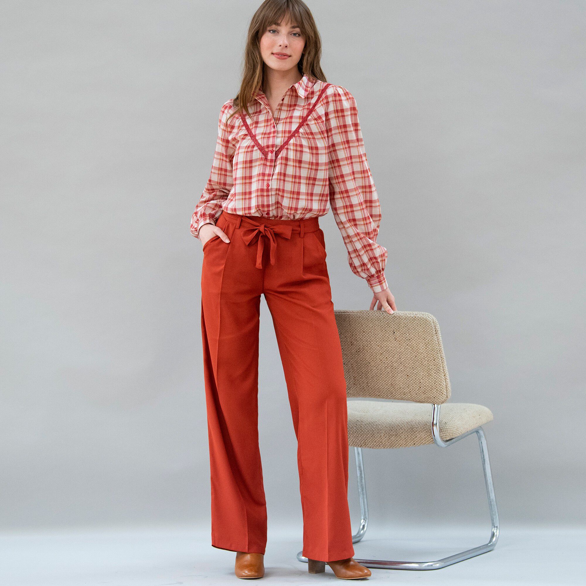 Pantalon large fluide, taille ceinturée, uni