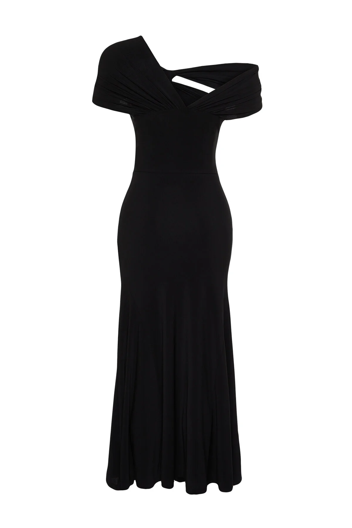 Trendyol Collection  Schwarzes Abendkleid aus Strick mit asymmetrischem Kragen - TPRSS24EL00046