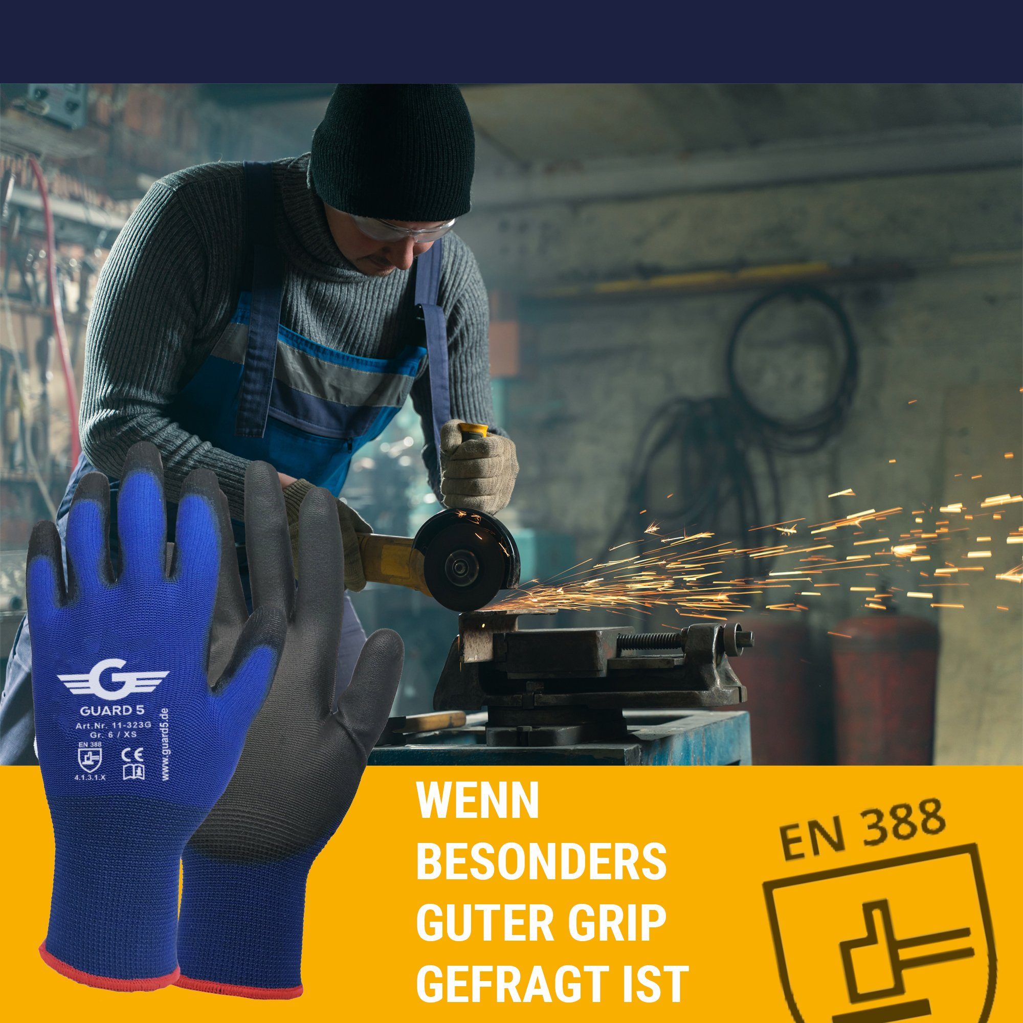 GUARD 5 Arbeitshandschuhe - 12 oder 24 Paar Arbeitshandschuhe mit PU-Beschichtung (Art.11323G) atmungsaktiv