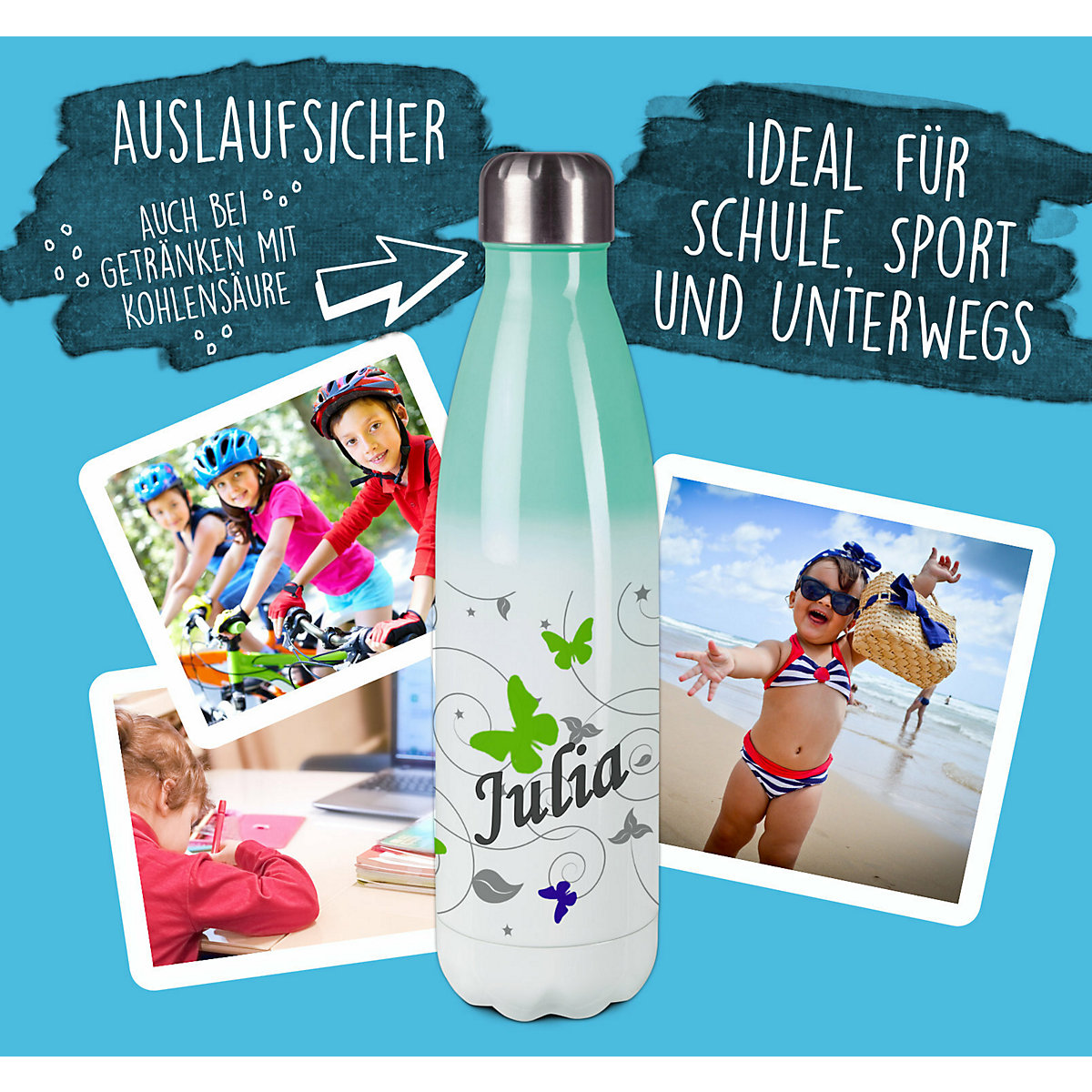Edelstahl Kinder Thermoflasche / Trinkflasche bunt Schmetterling Ornamente Farbe blau grün Spülmaschinenfest, Auslaufsicher, Bruchfest, Doppelwandig, Für Heißgetränke geeignet, Mit Deckel, Isolie