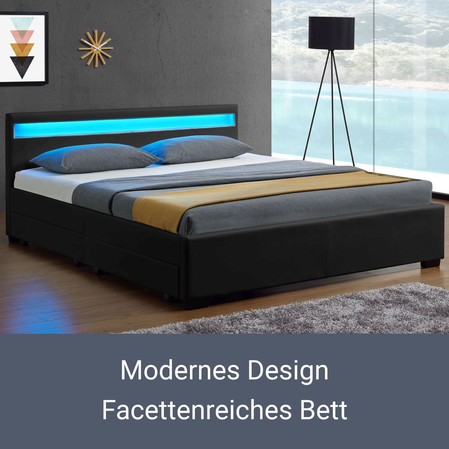Juskys Polsterbett Lyon, 140x200 cm, ausziehbare Bettkästen, LED-Licht, gepolstertes Kopfteil