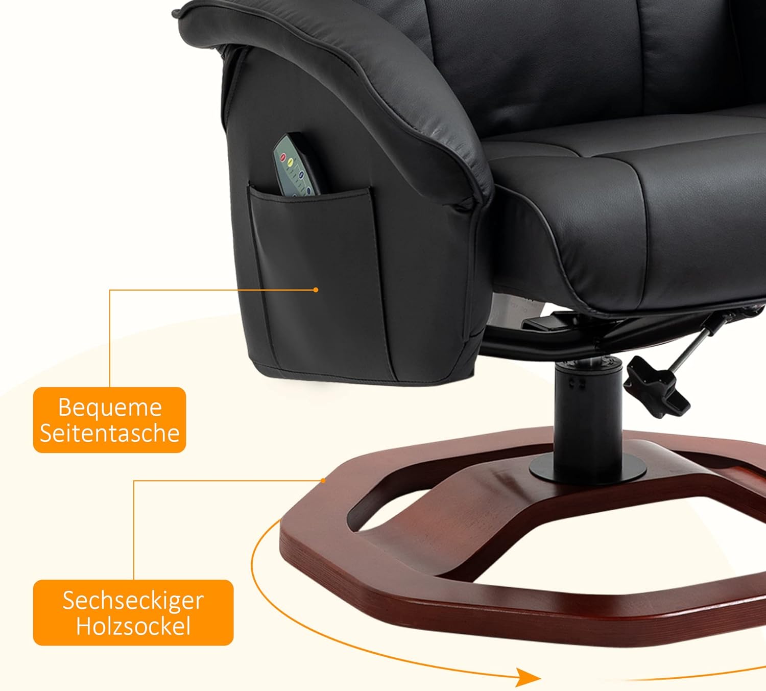 HOMCOM Sillón de masaje con reposapiés, función de descanso, función de descanso, sillón reclinable con función de masaje, giratorio 360°, piel sintética, acero negro+marrón, 73 x 83 x 106 cm