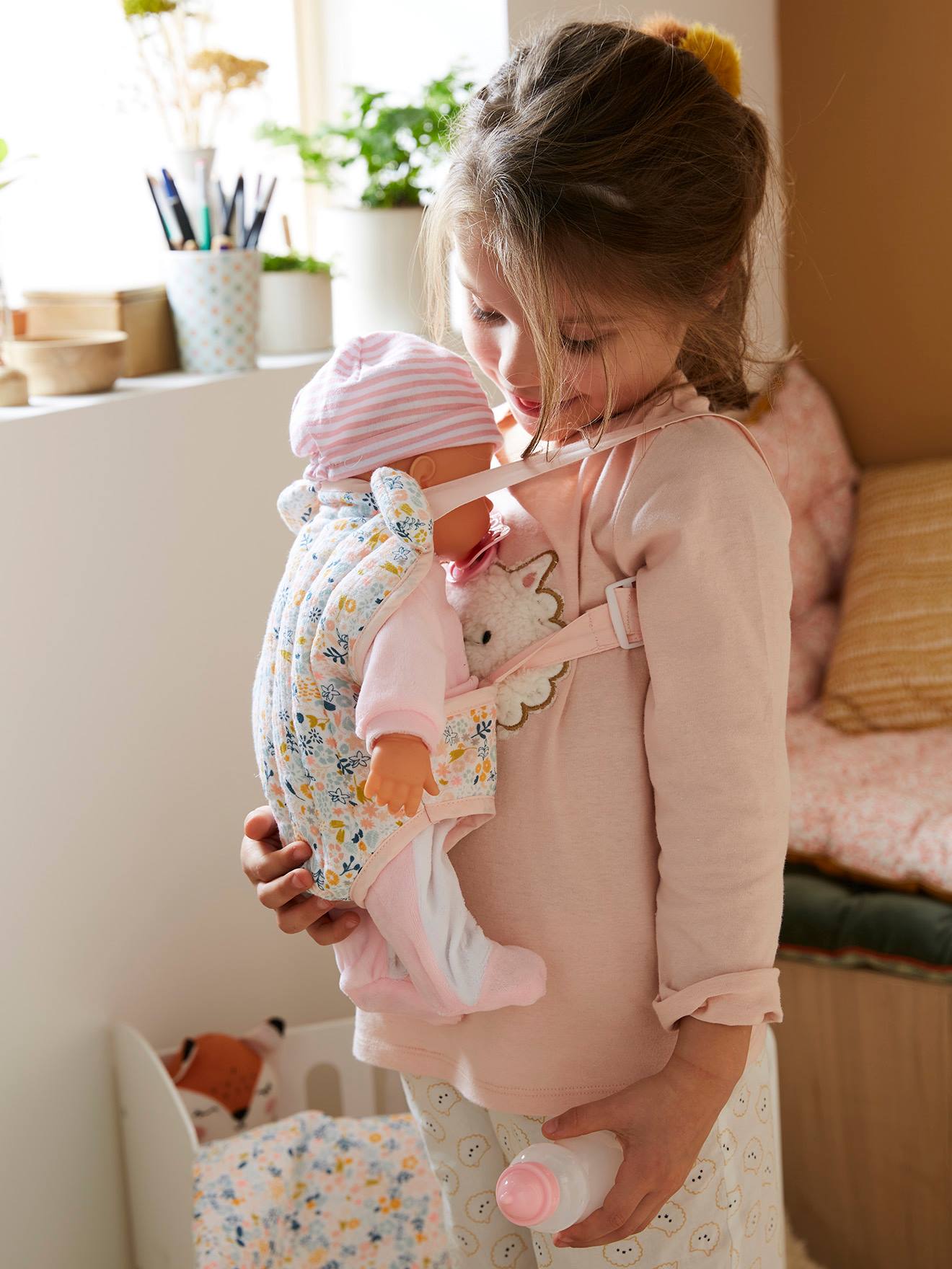 Porte-bébé poupon en gaze de coton rose