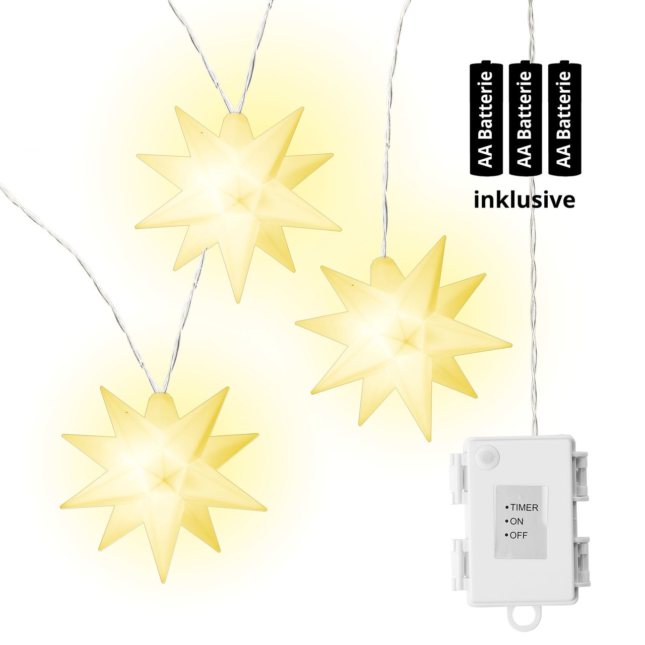 Weles AMARE LED Sterne 3er Kette weiß Durchmesser der Sterne je 15 cm, Länge der Kette 1,5 m (zzgl. 1 m Zuleitung), LED Farbe warmweiß, CE geprüft, für den Innen- und Außenbereich, Timer
