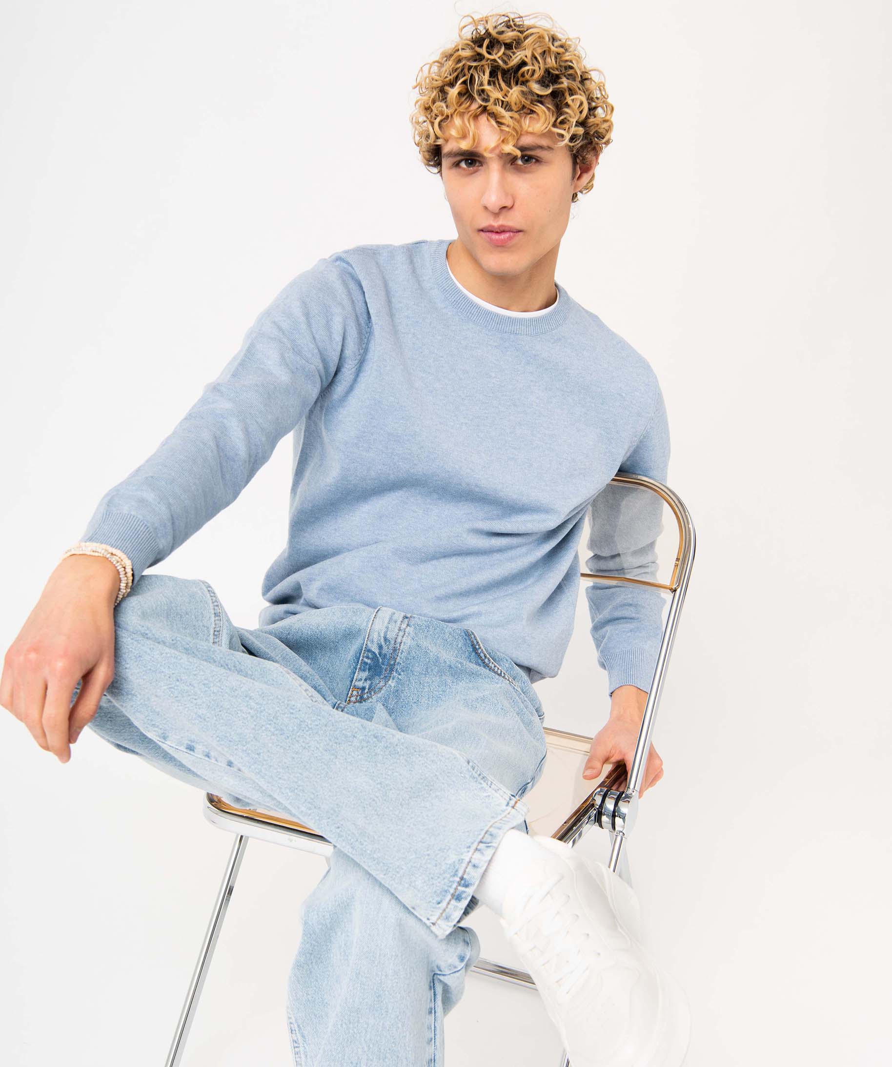 Pull homme à col rond en coton bleu | GEMO