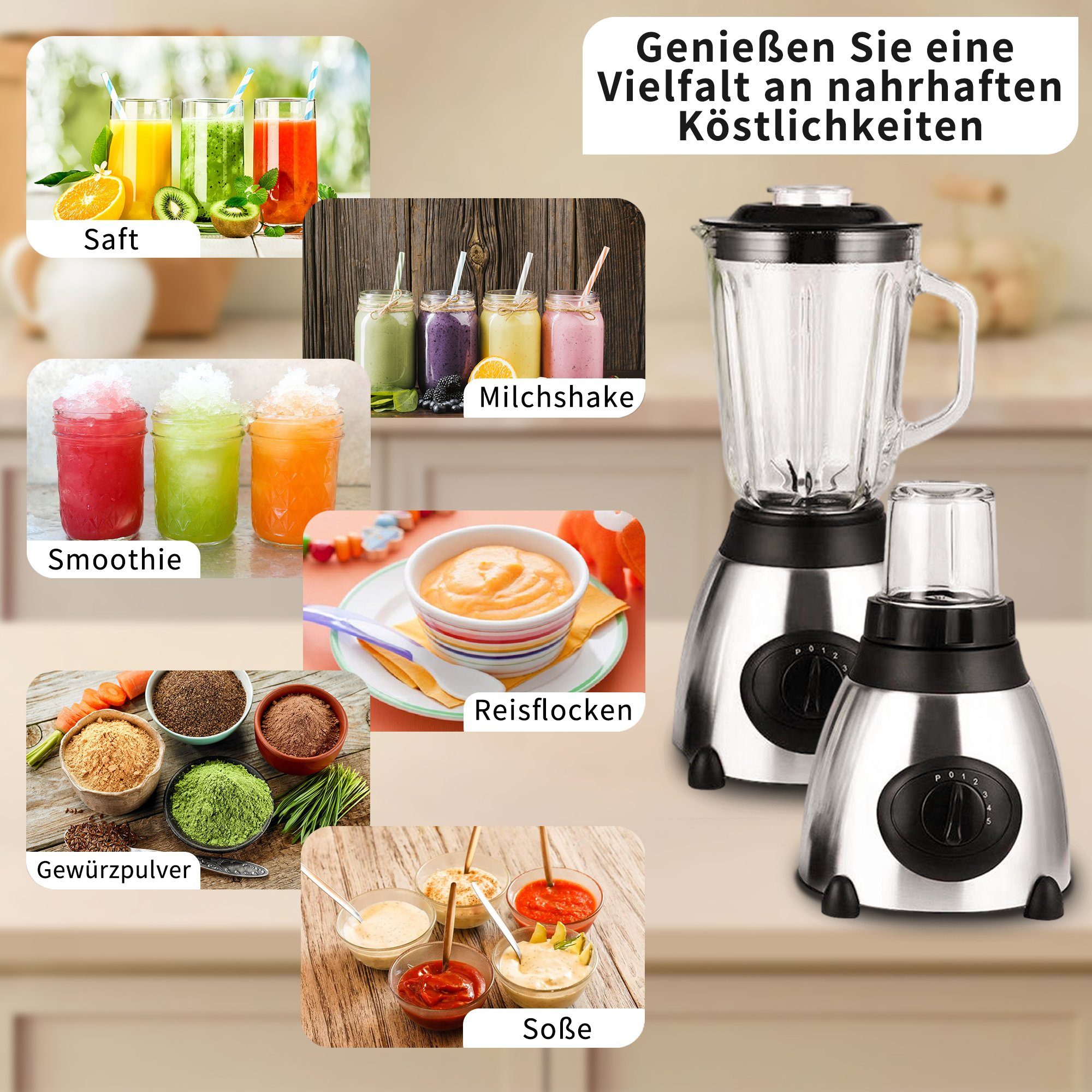 Tisoutec Standmixer Standmixer,VitaBoost Mixer,Edelstahl Silber Glas Smoothie Mixer Maker, 500,00 W Ice Crush Funktion,Milchshaker Blender 1,5 L,Eiscrusher