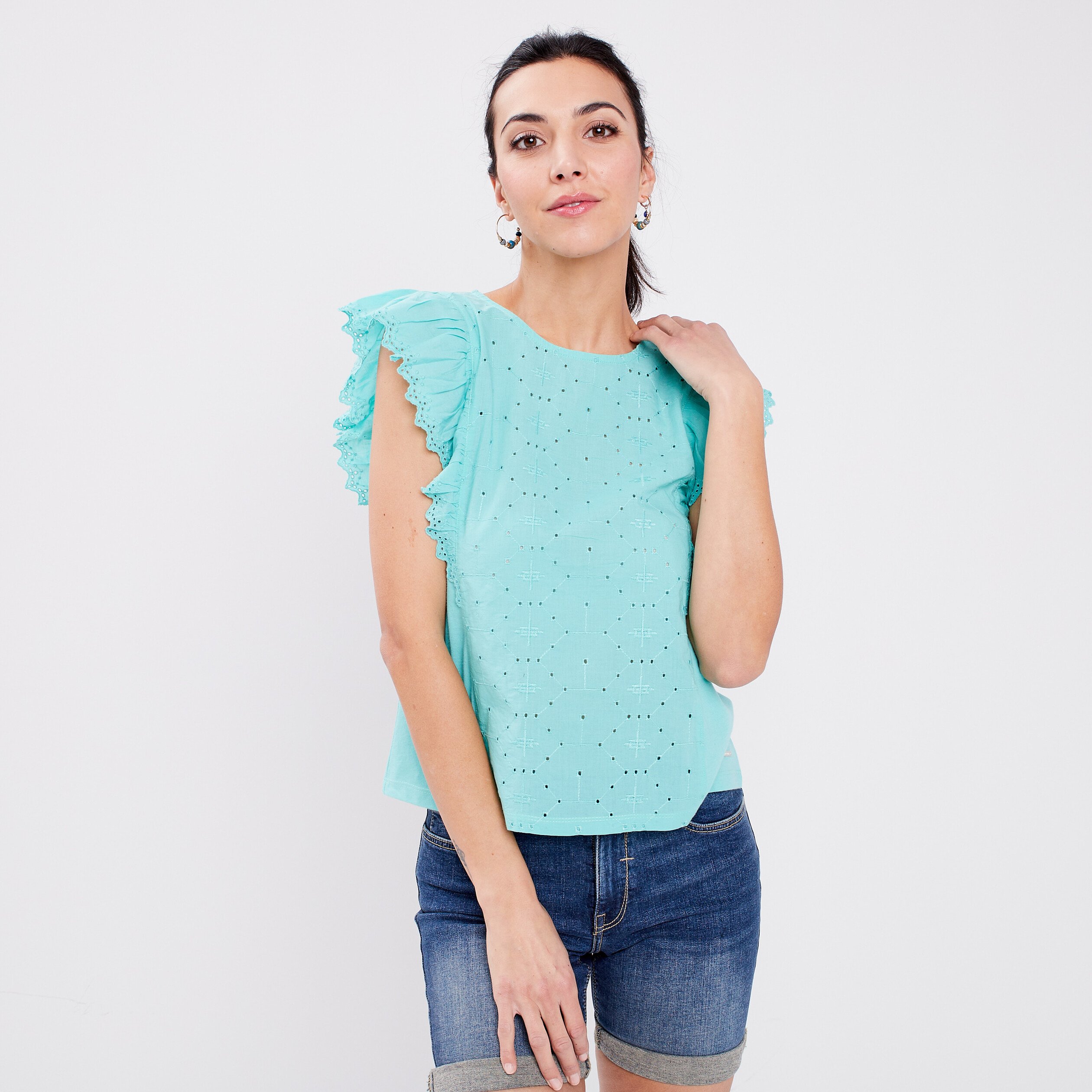T-shirt avec broderie anglaise bleu turquoise femme | La Halle