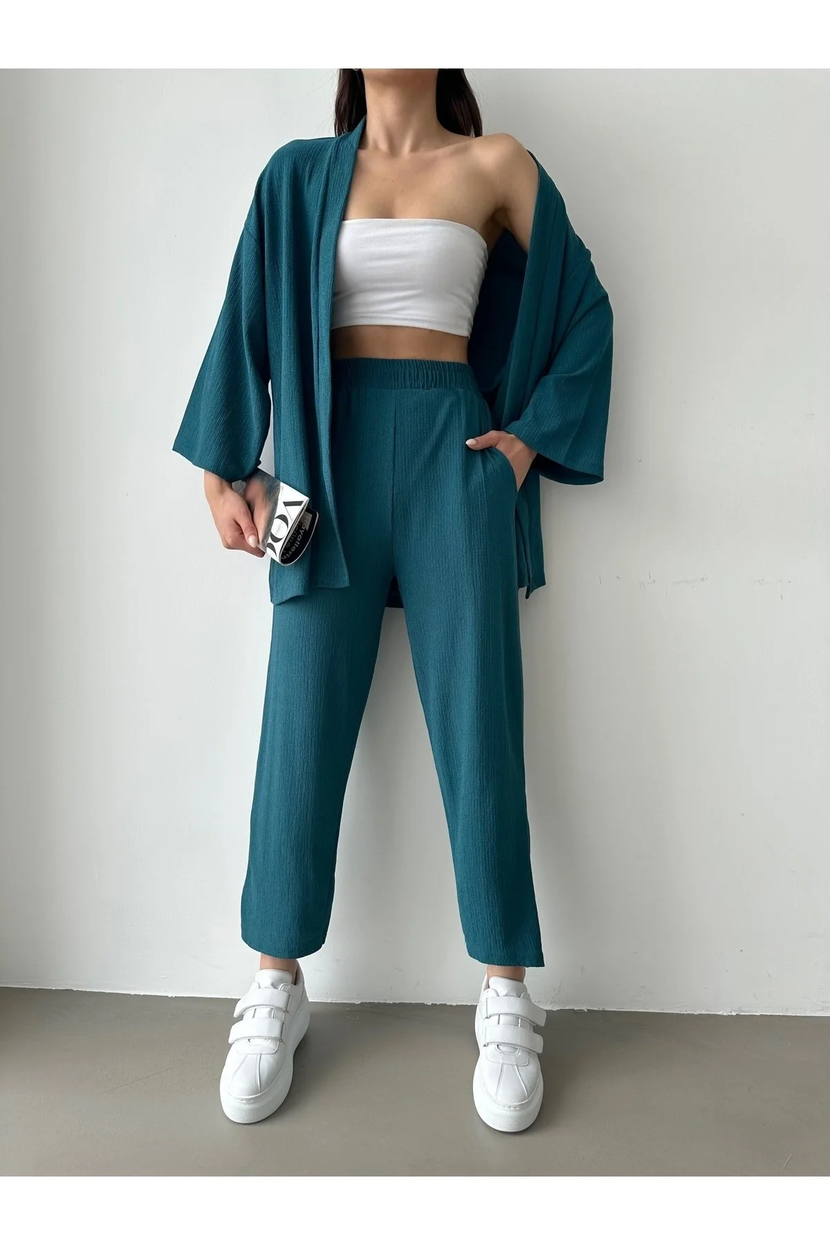 BEJNA  Petrolgrünes Kimono-Hosen-Strickset für Damen