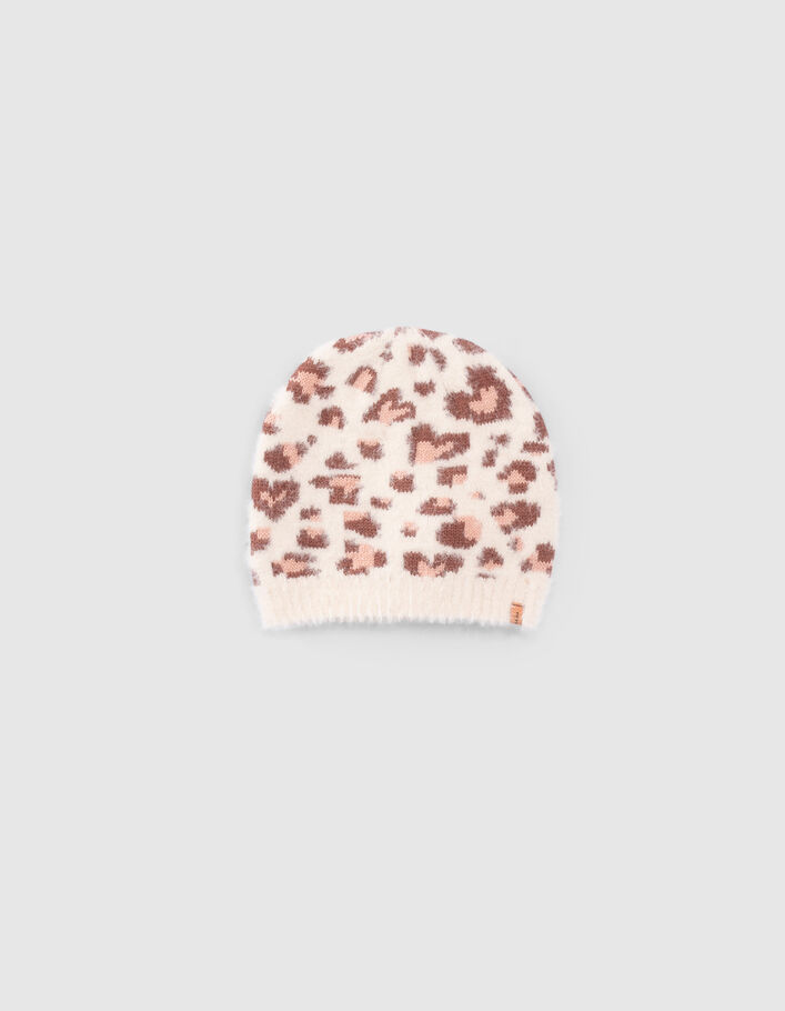 Bonnet écru tricot motif léopard-coeurs fille
