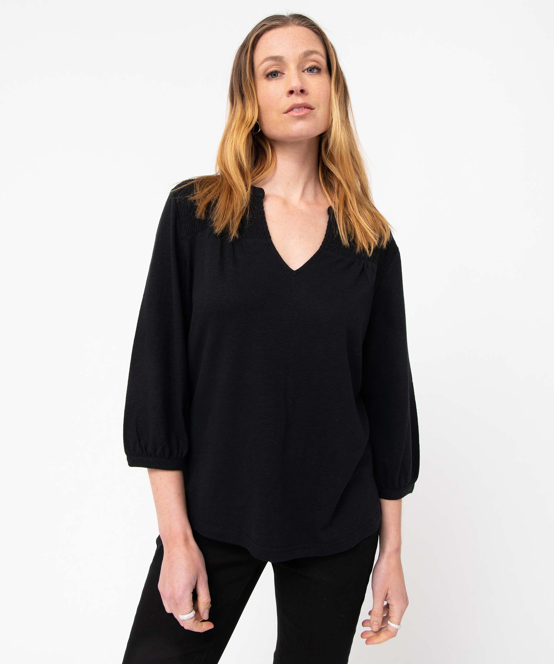 Tee-shirt femme à manches 3/4 avec smocks sur le buste noir | GEMO